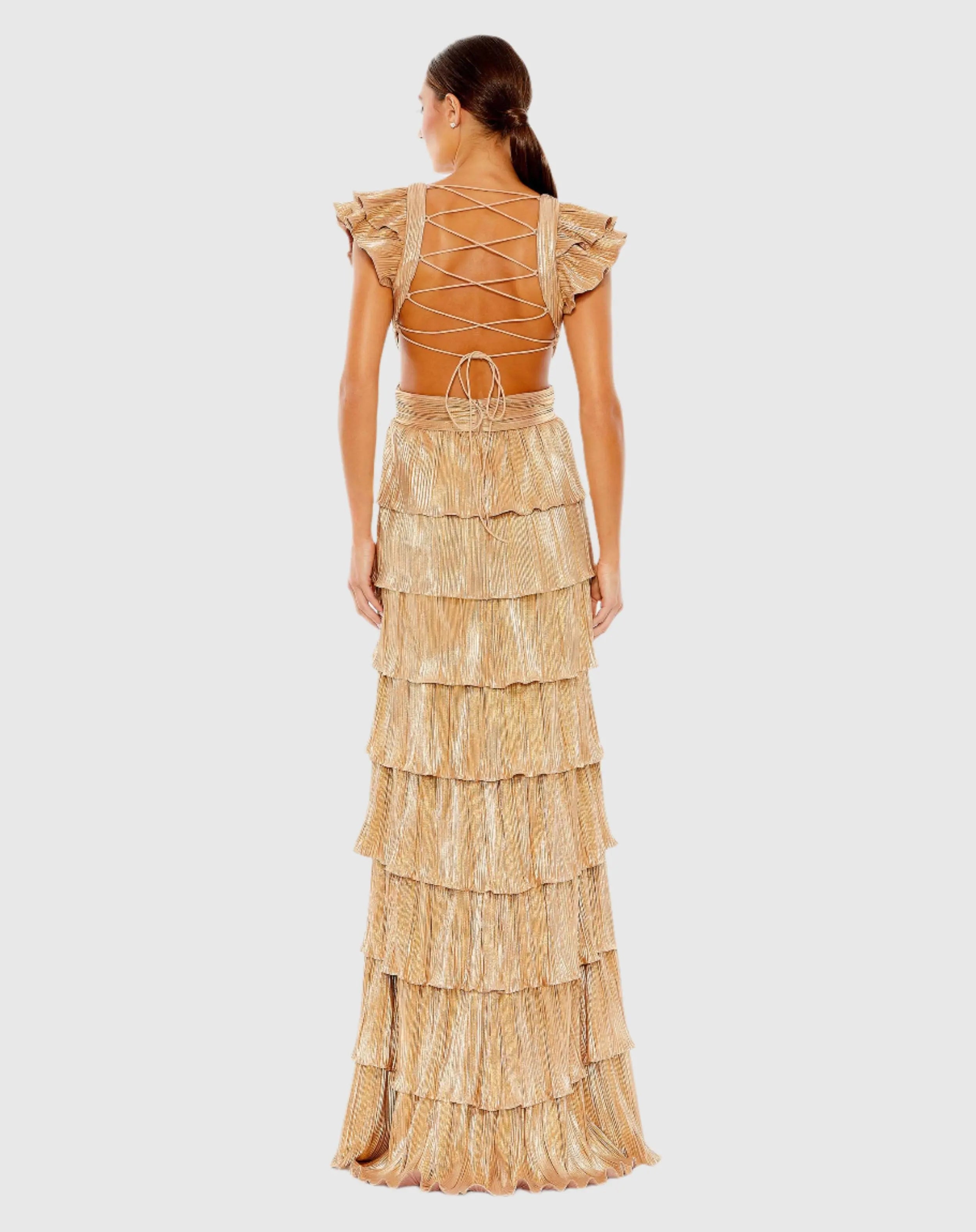 Gold Ruffle Tiered Criss Cross Lace Up Gown-Myartka