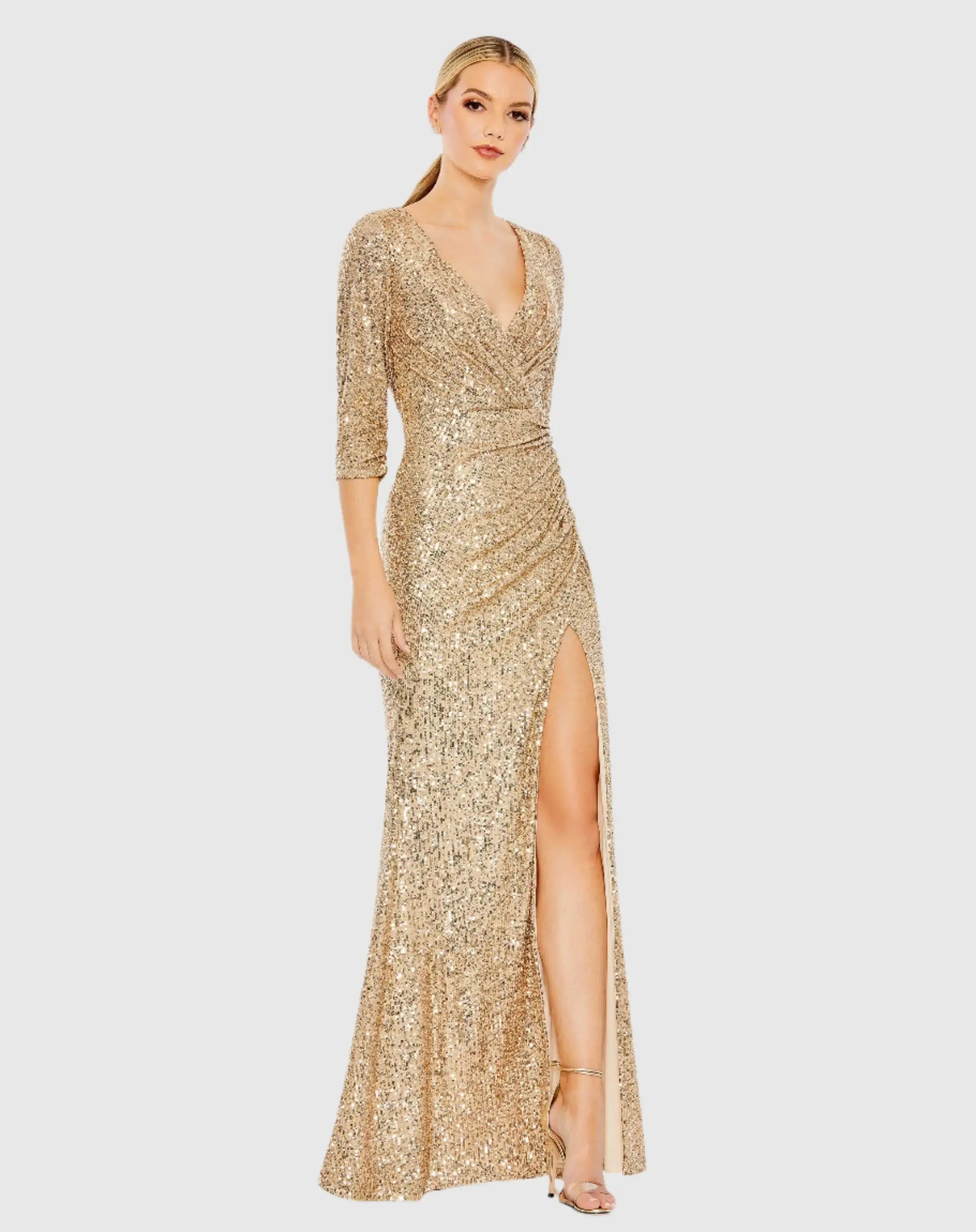 Sequined Draped 3/4 Sleeve Gown-Myartka