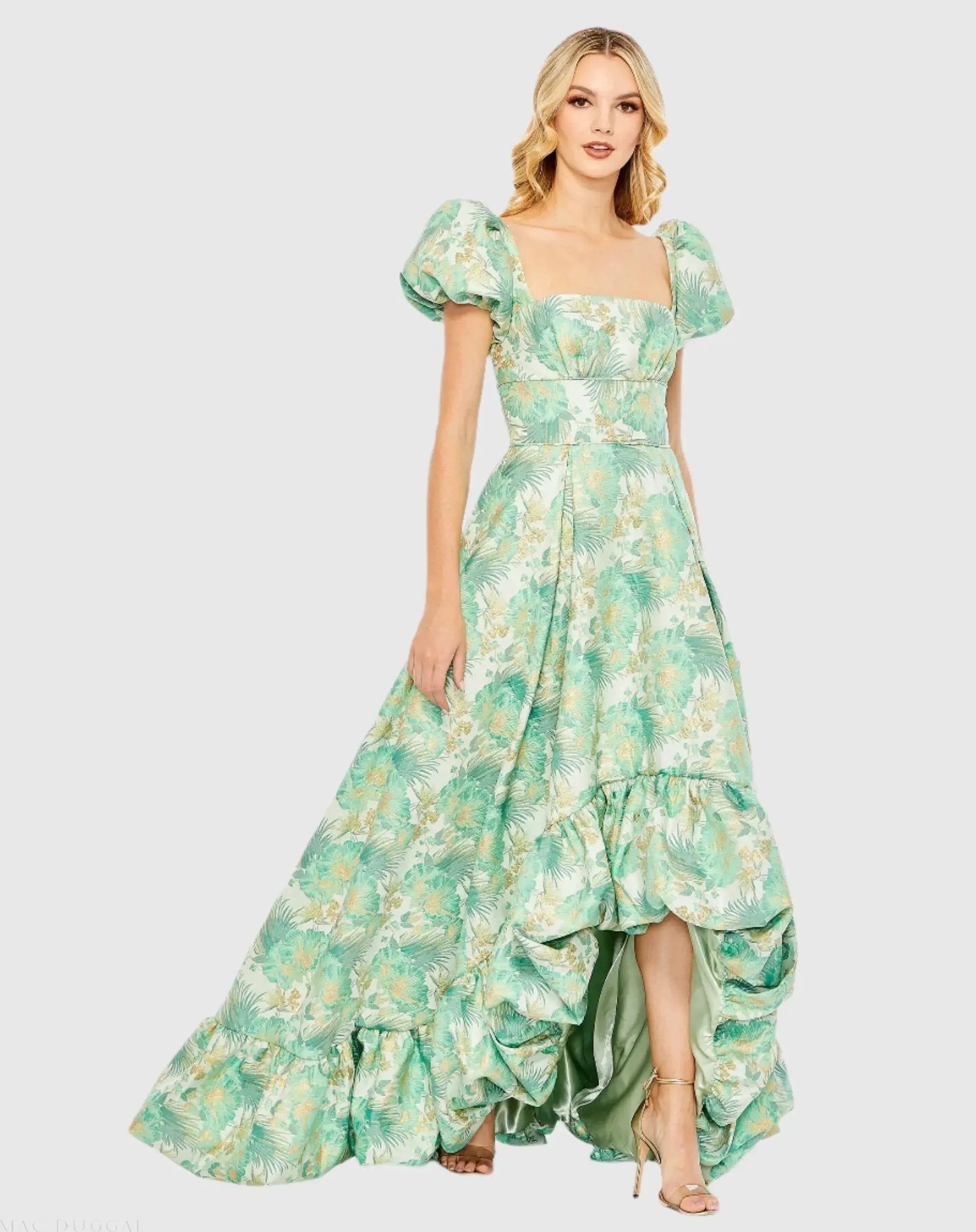 Floral Print Puff Sleeve High Low Brocade Gown-Myartka