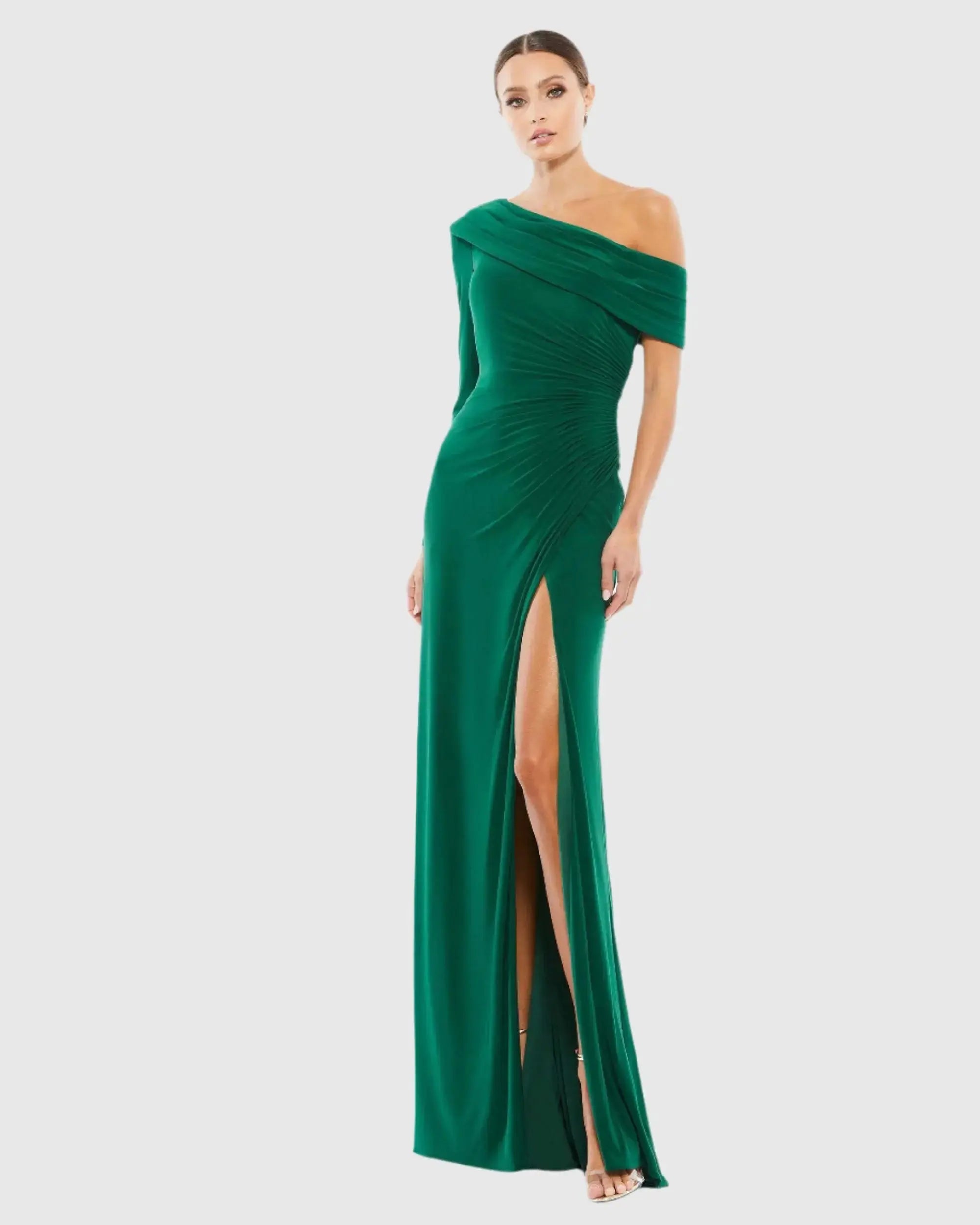 Green Ruched Jersey Drop Shoulder Foldover Gown-Myartka