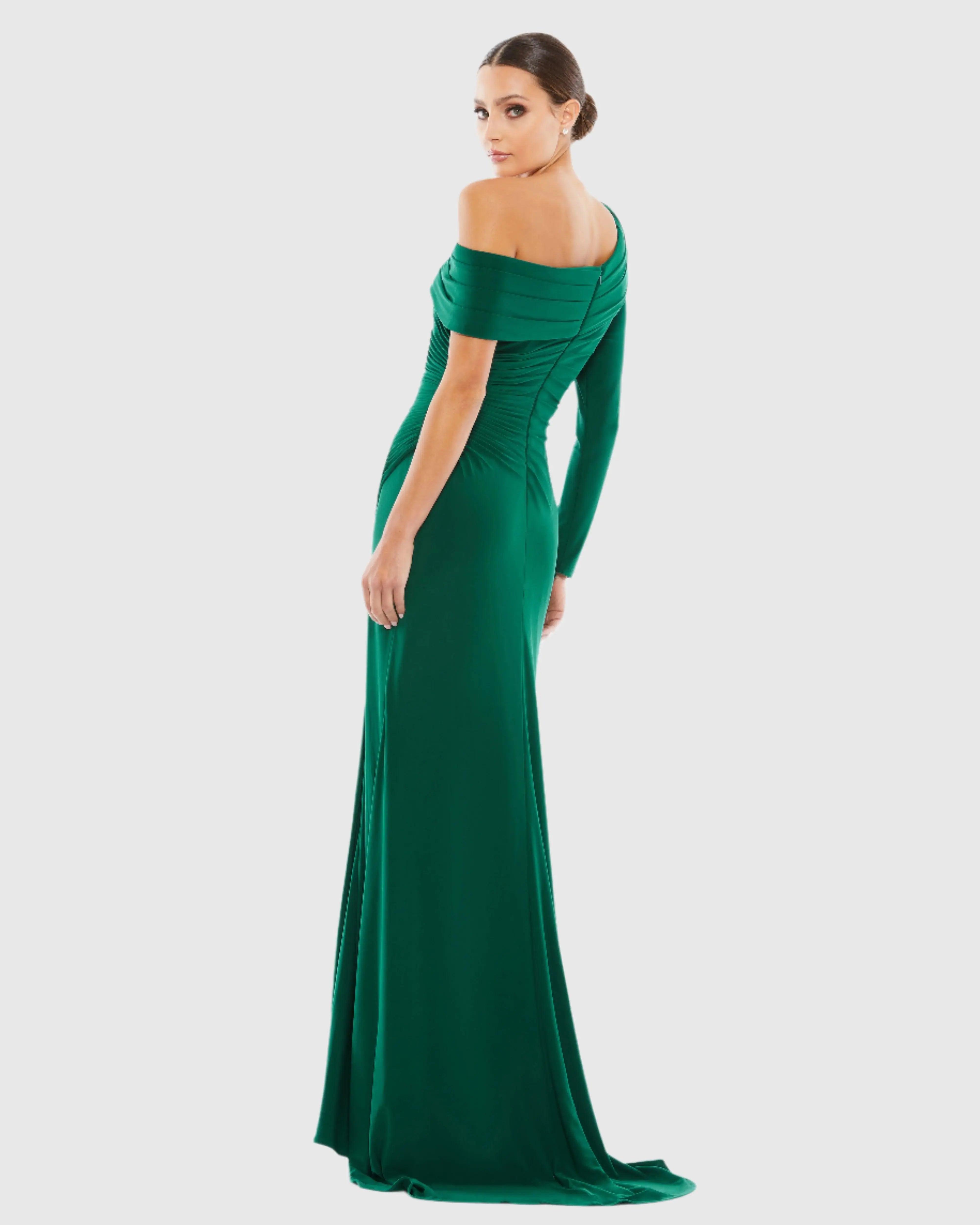 Green Ruched Jersey Drop Shoulder Foldover Gown-Myartka