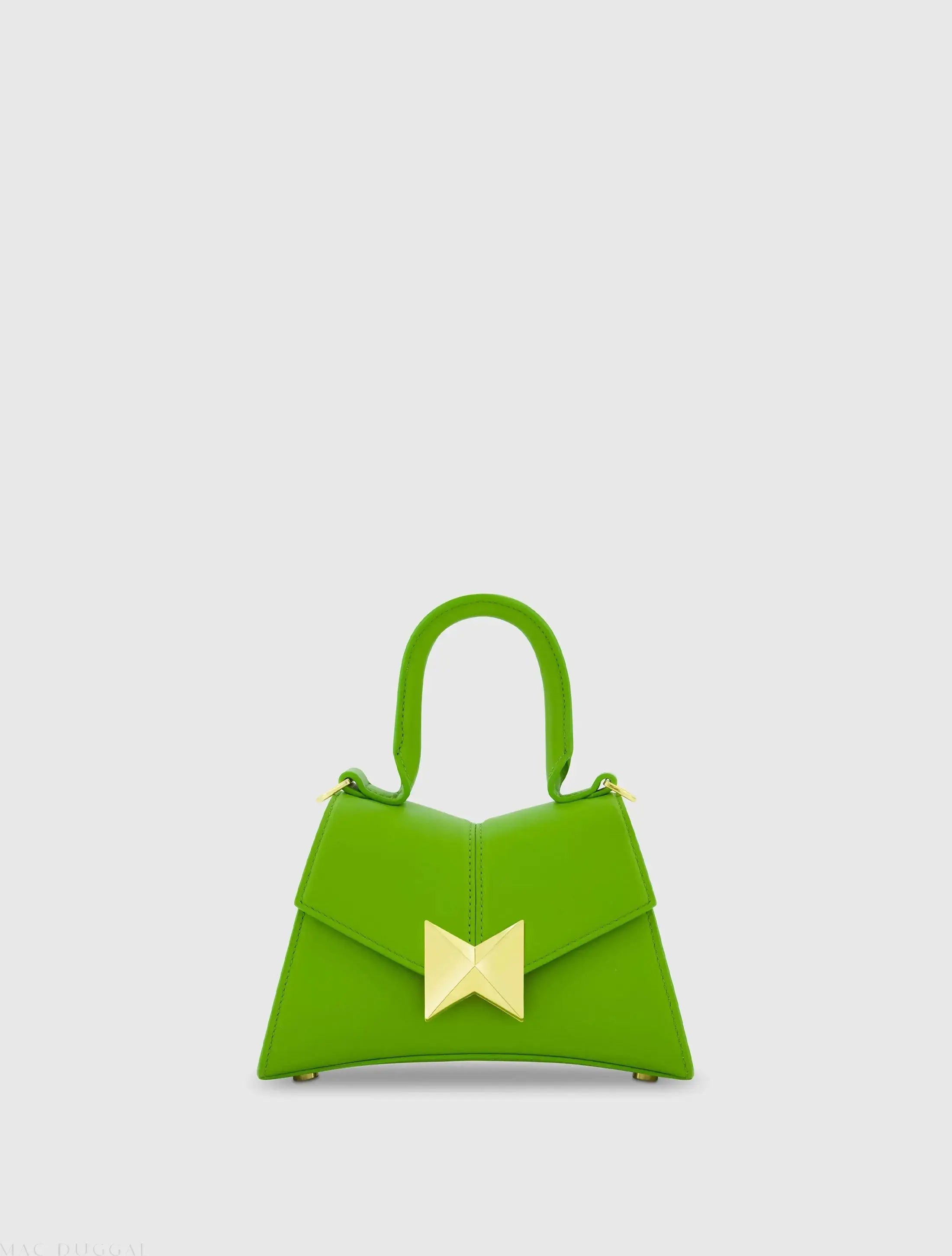 Green Angular Mini Leather Handbag With Gold Hardware-Myartka