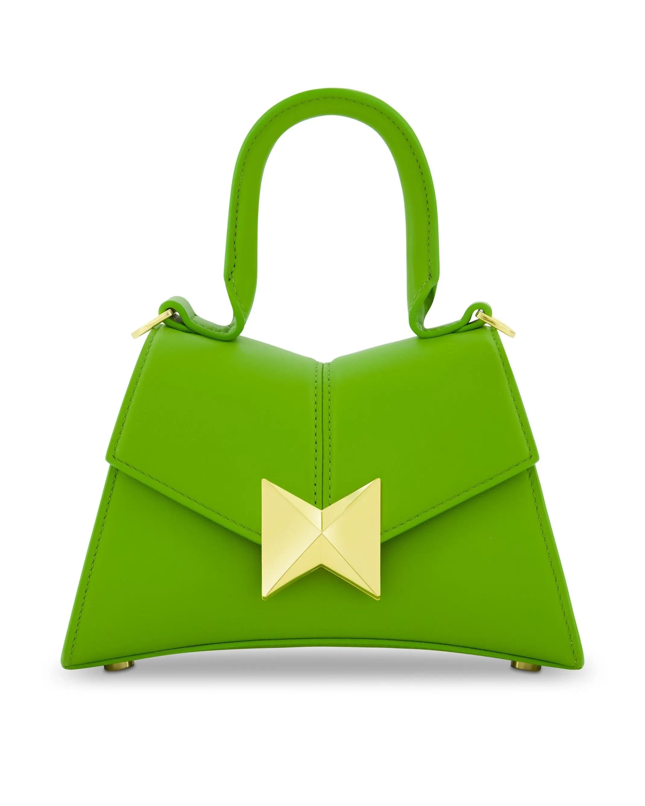 Green Angular Mini Leather Handbag With Gold Hardware-Myartka
