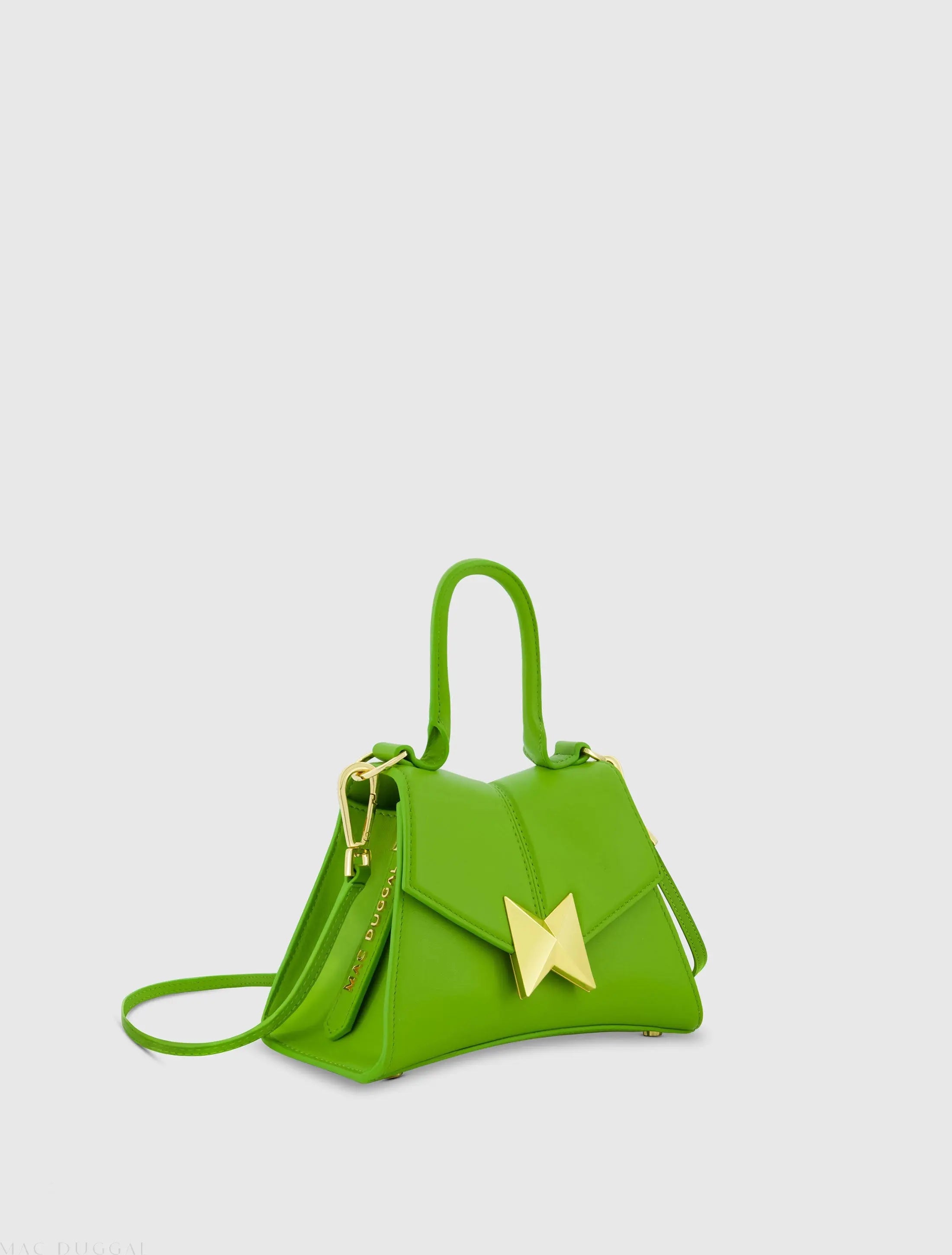 Green Angular Mini Leather Handbag With Gold Hardware-Myartka