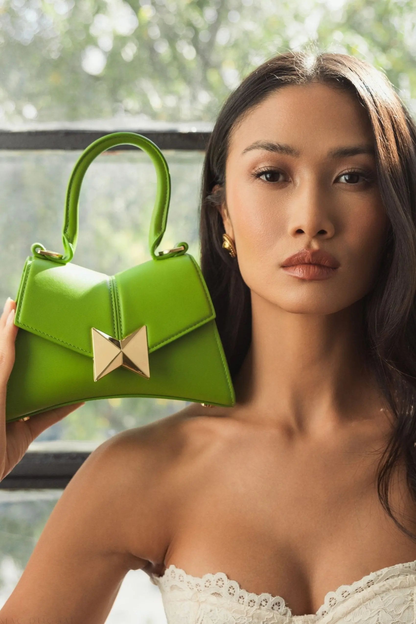 Green Angular Mini Leather Handbag With Gold Hardware-Myartka