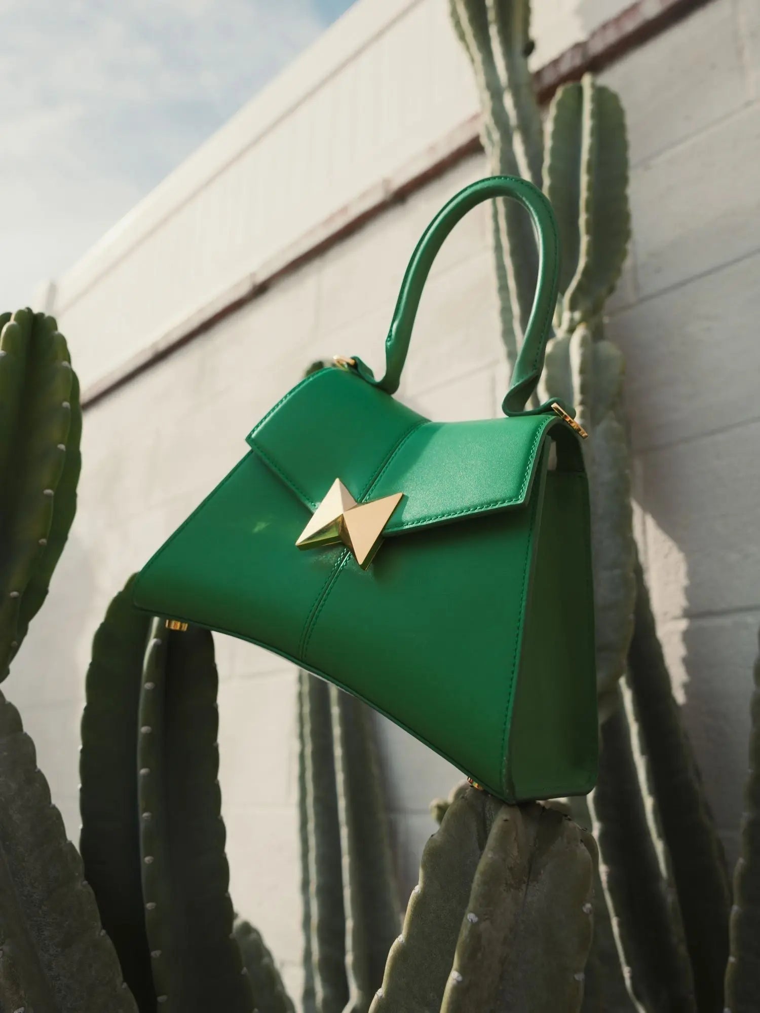 Green Angular Small Leather Handbag With Gold Hardware-Myartka