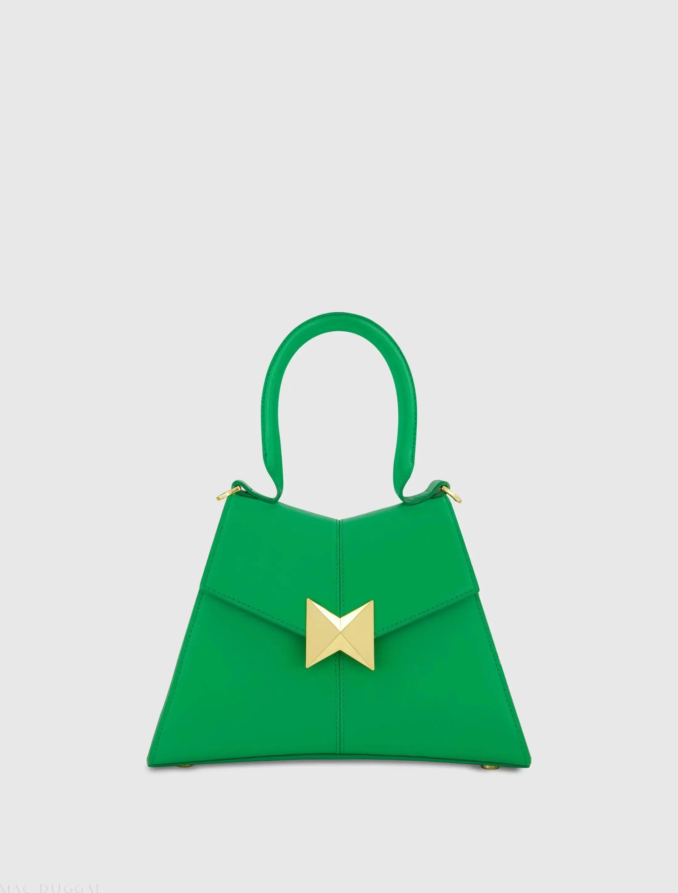 Green Angular Small Leather Handbag With Gold Hardware-Myartka