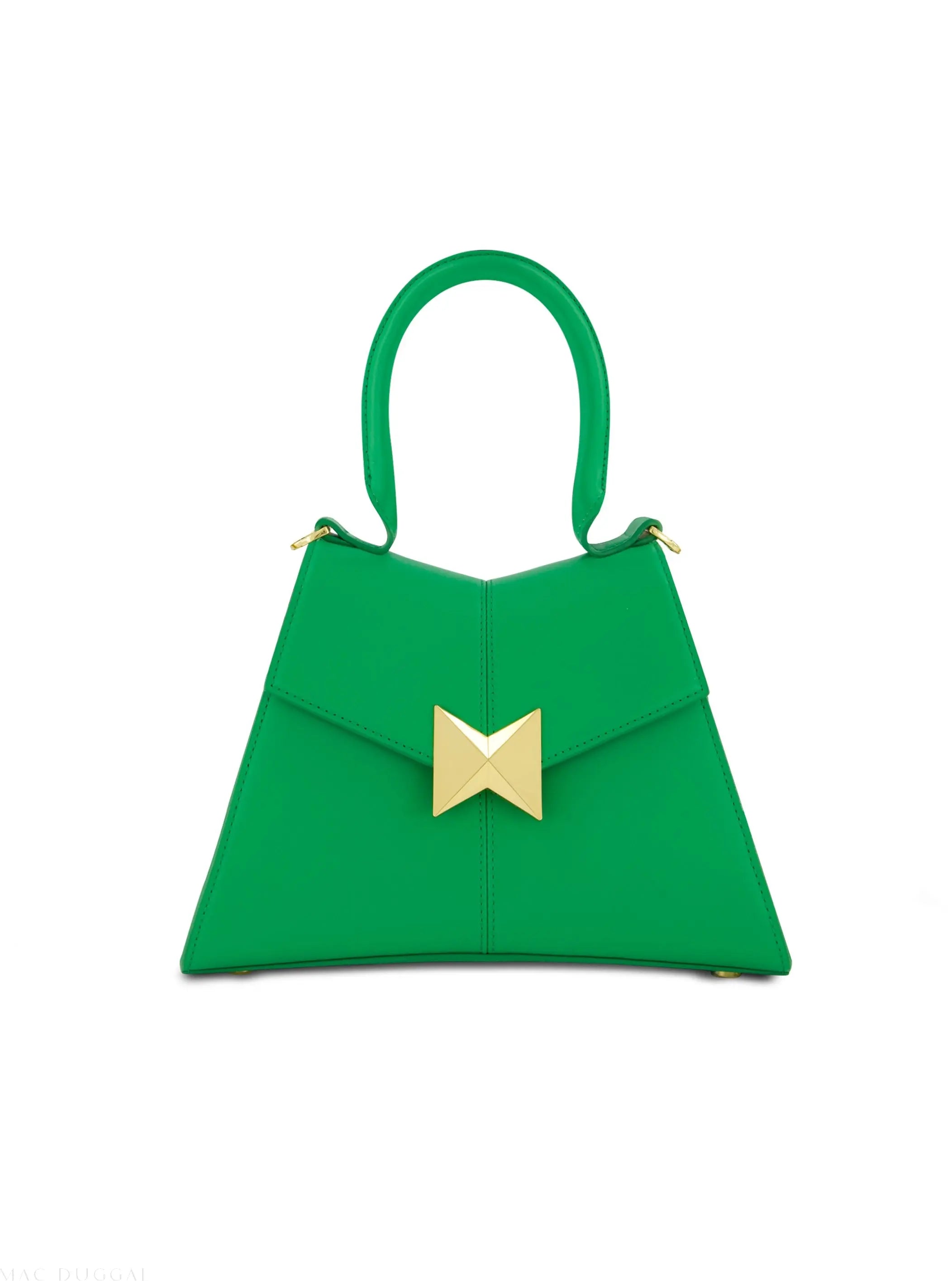 Green Angular Small Leather Handbag With Gold Hardware-Myartka