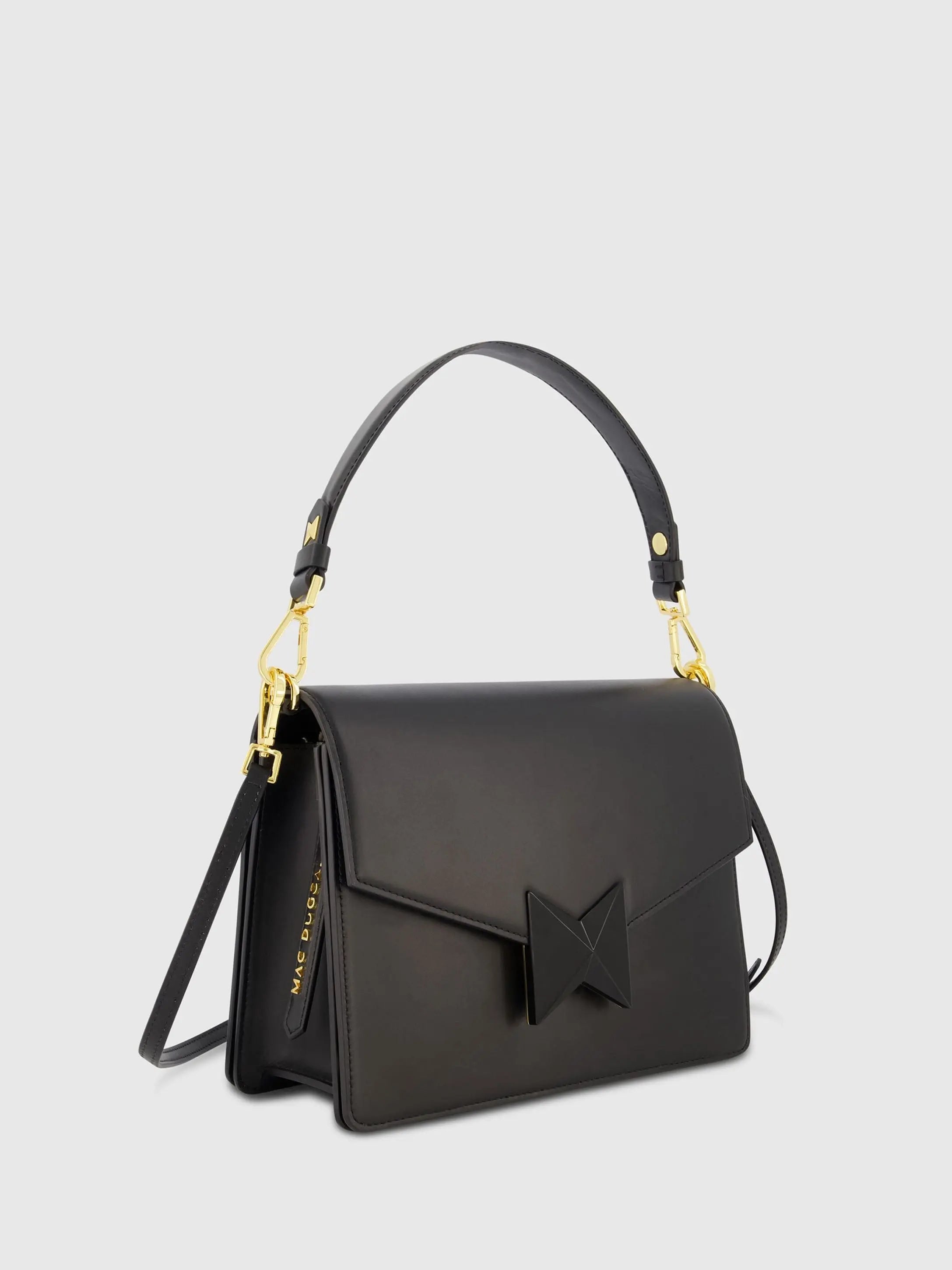 Black Classic Leather Medium Shoulder Bag with Detachable Strap-Myartka