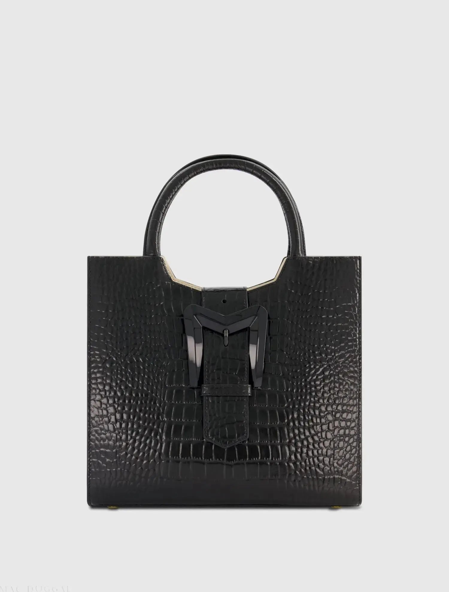 Black Buckled Medium Croco Leather Tote Bag with Detachable Strap-Myartka