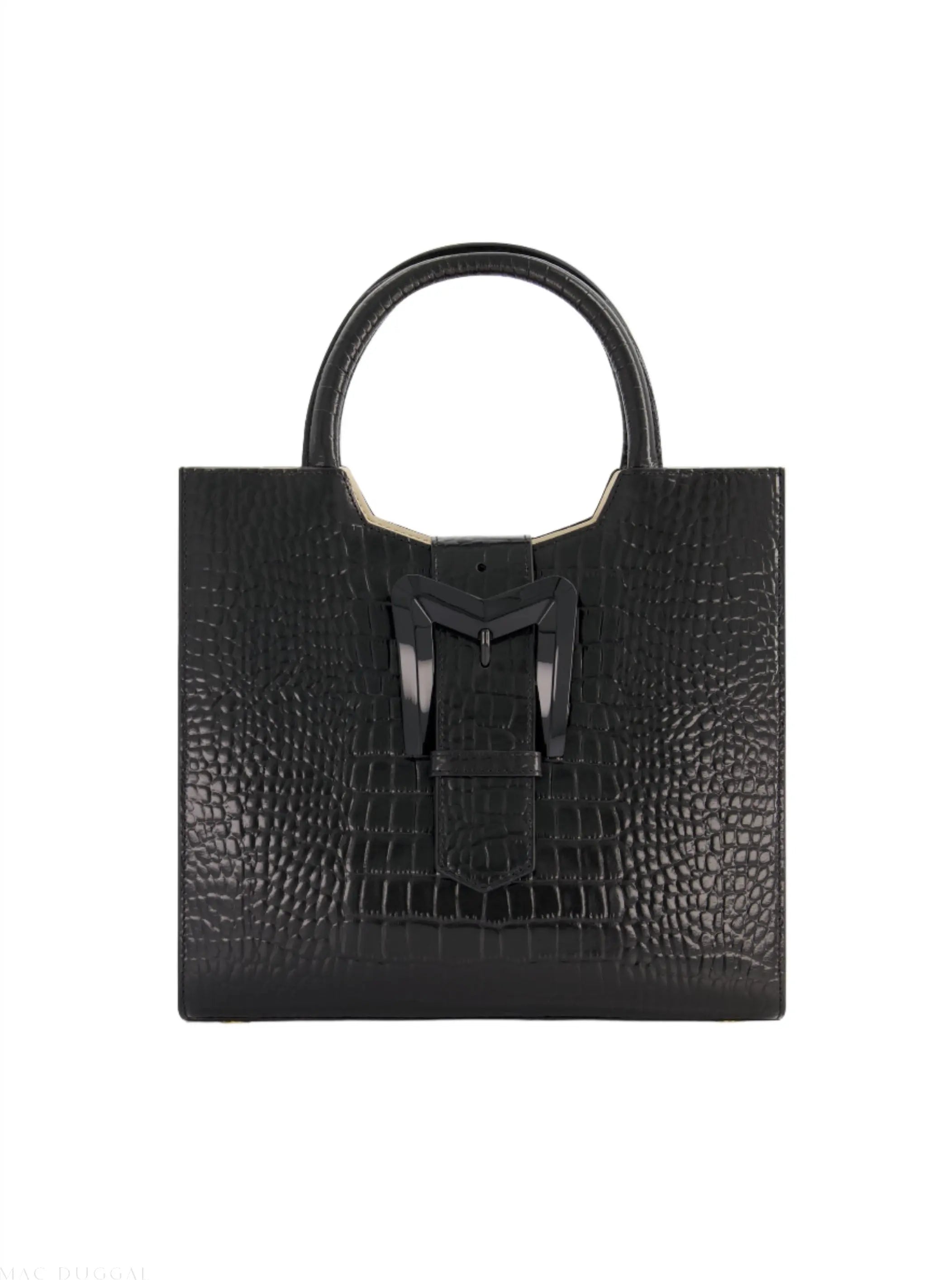 Black Buckled Medium Croco Leather Tote Bag with Detachable Strap-Myartka