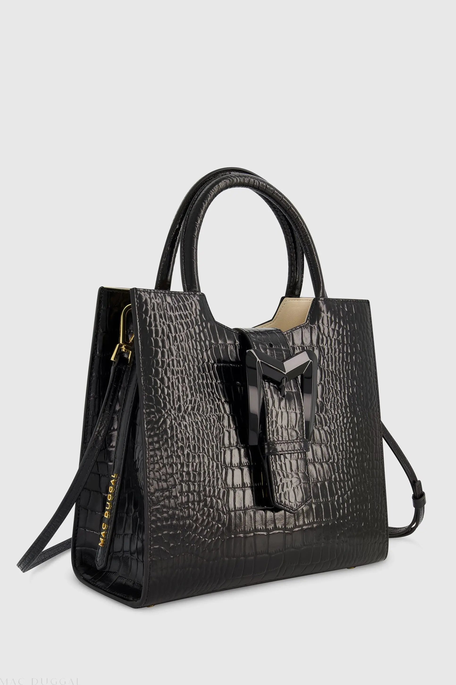 Black Buckled Medium Croco Leather Tote Bag with Detachable Strap-Myartka