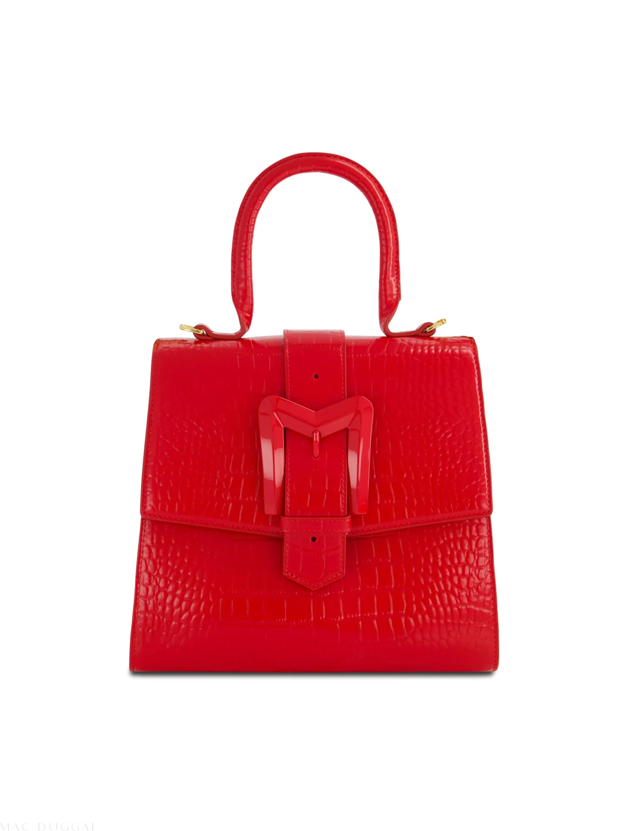Red Buckled Medium Croco Leather Handbag with Detachable Strap-Myartka