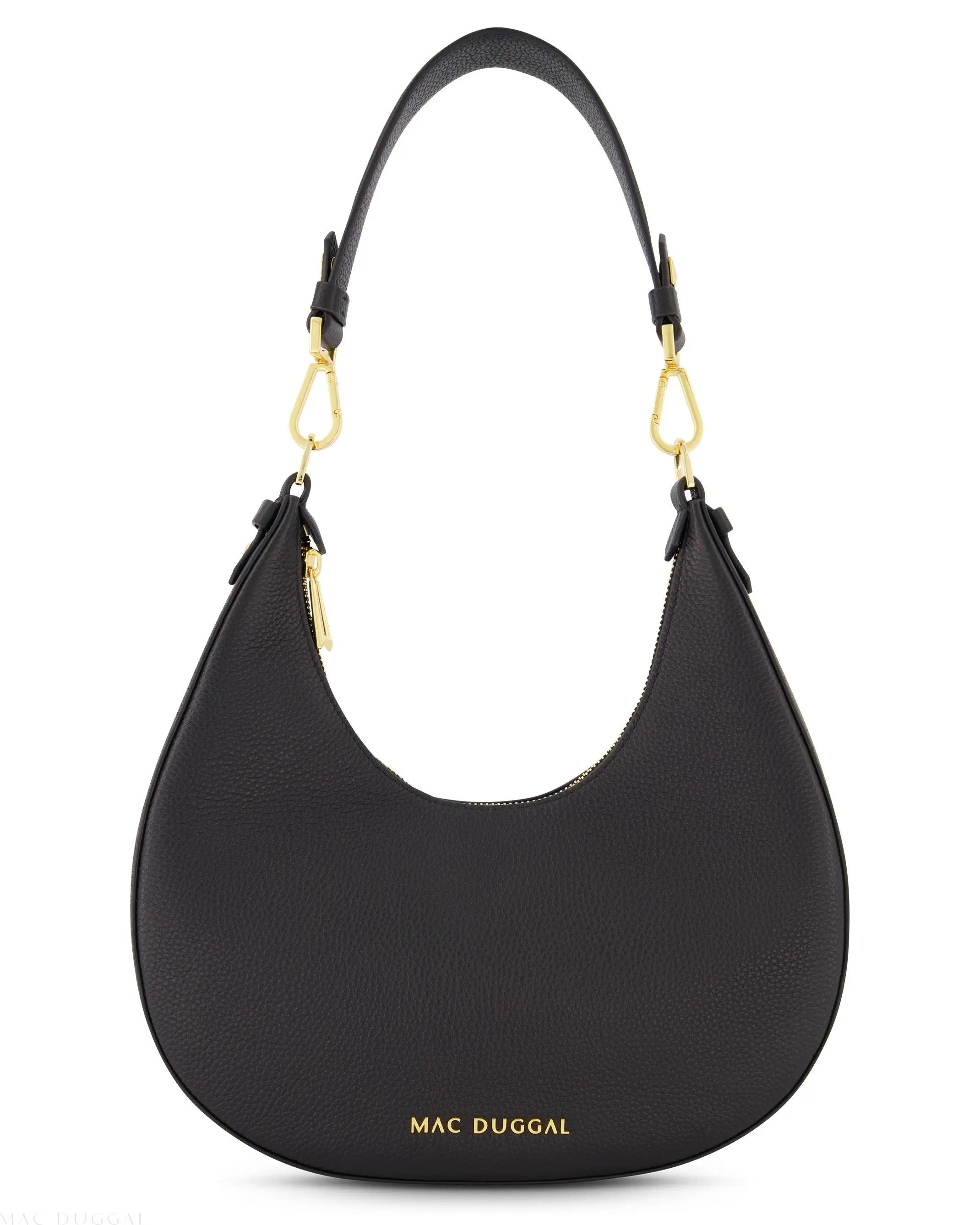 Black Grain Leather Hobo Bag With Gold Hardware-Myartka