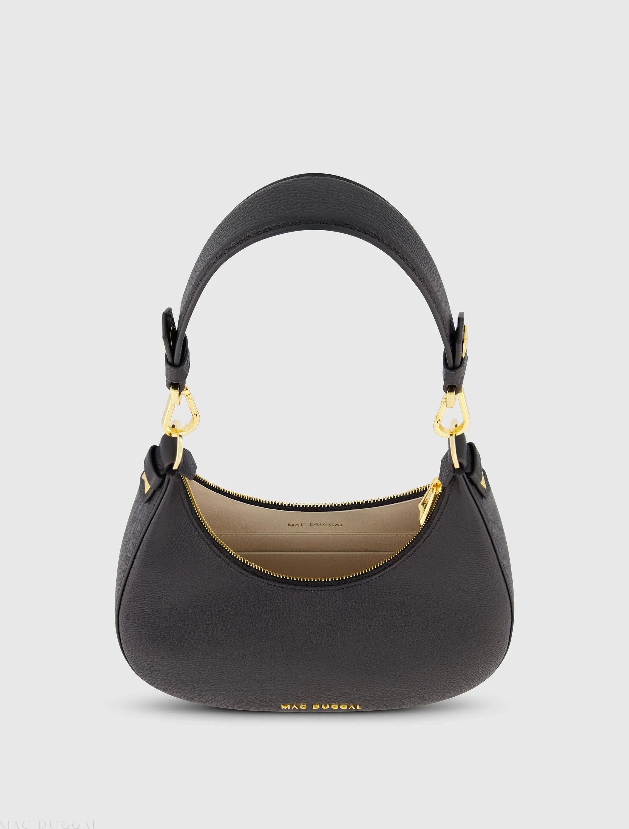 Black Grain Leather Hobo Bag With Gold Hardware-Myartka