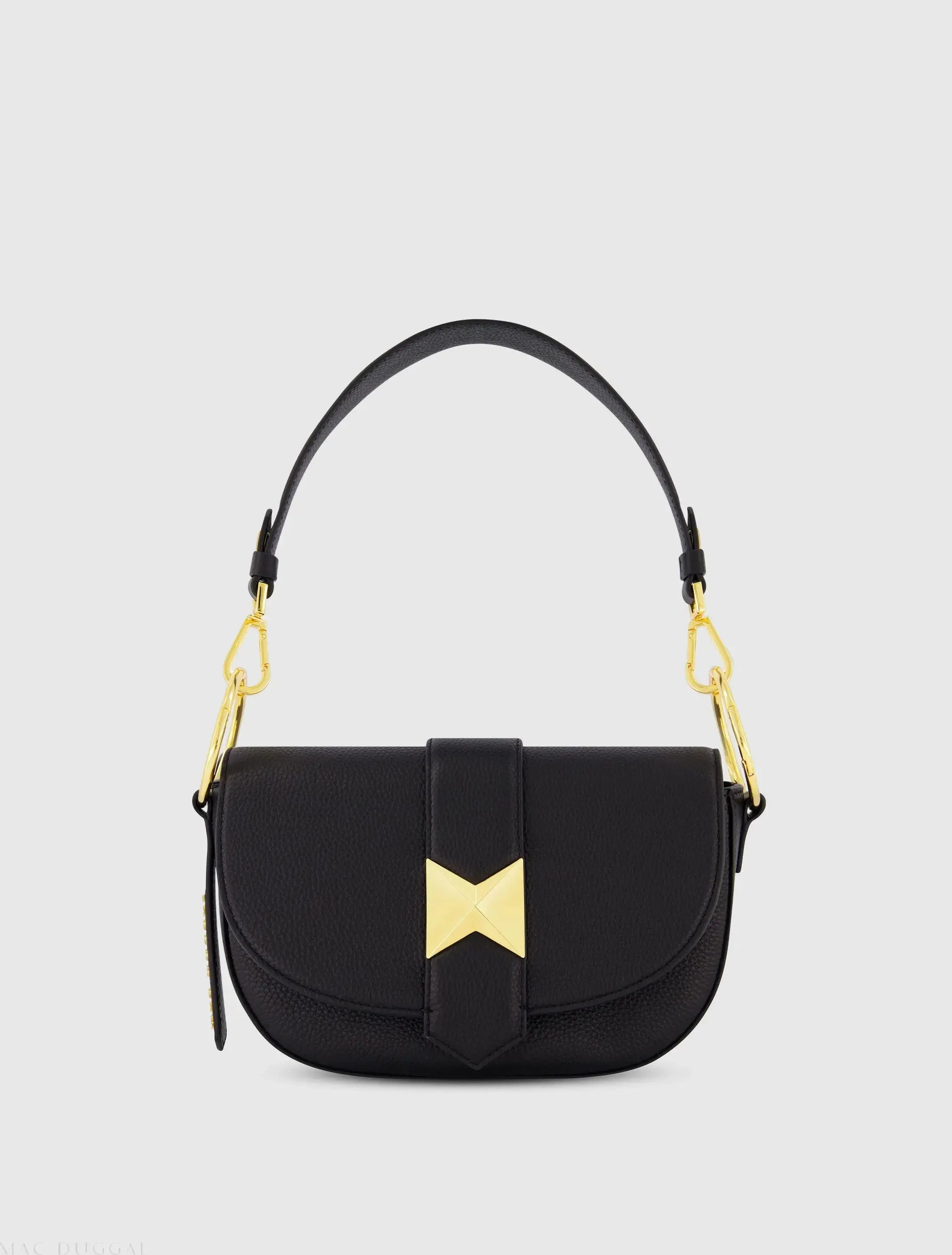 Black Grain Leather Saddle Bag With Gold Hardware-Myartka