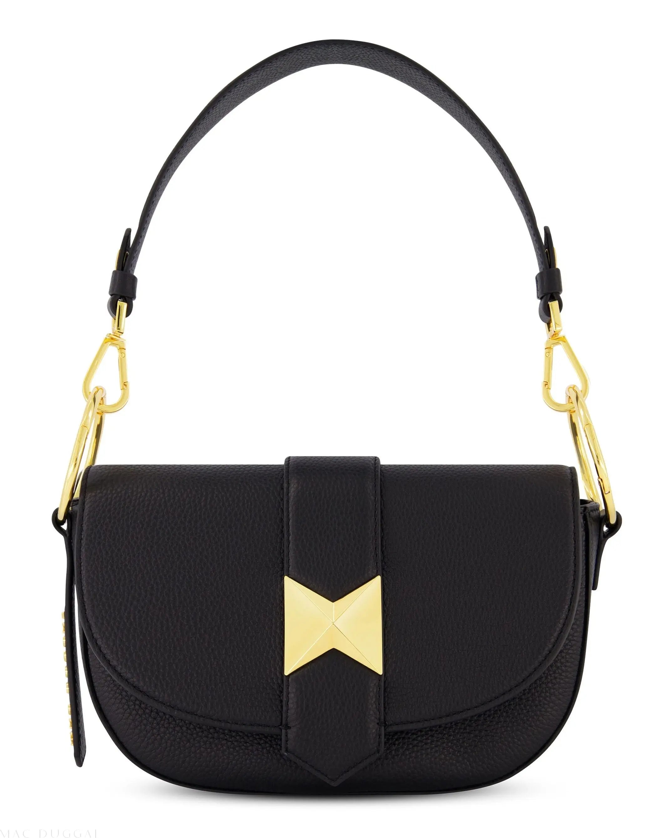 Black Grain Leather Saddle Bag With Gold Hardware-Myartka