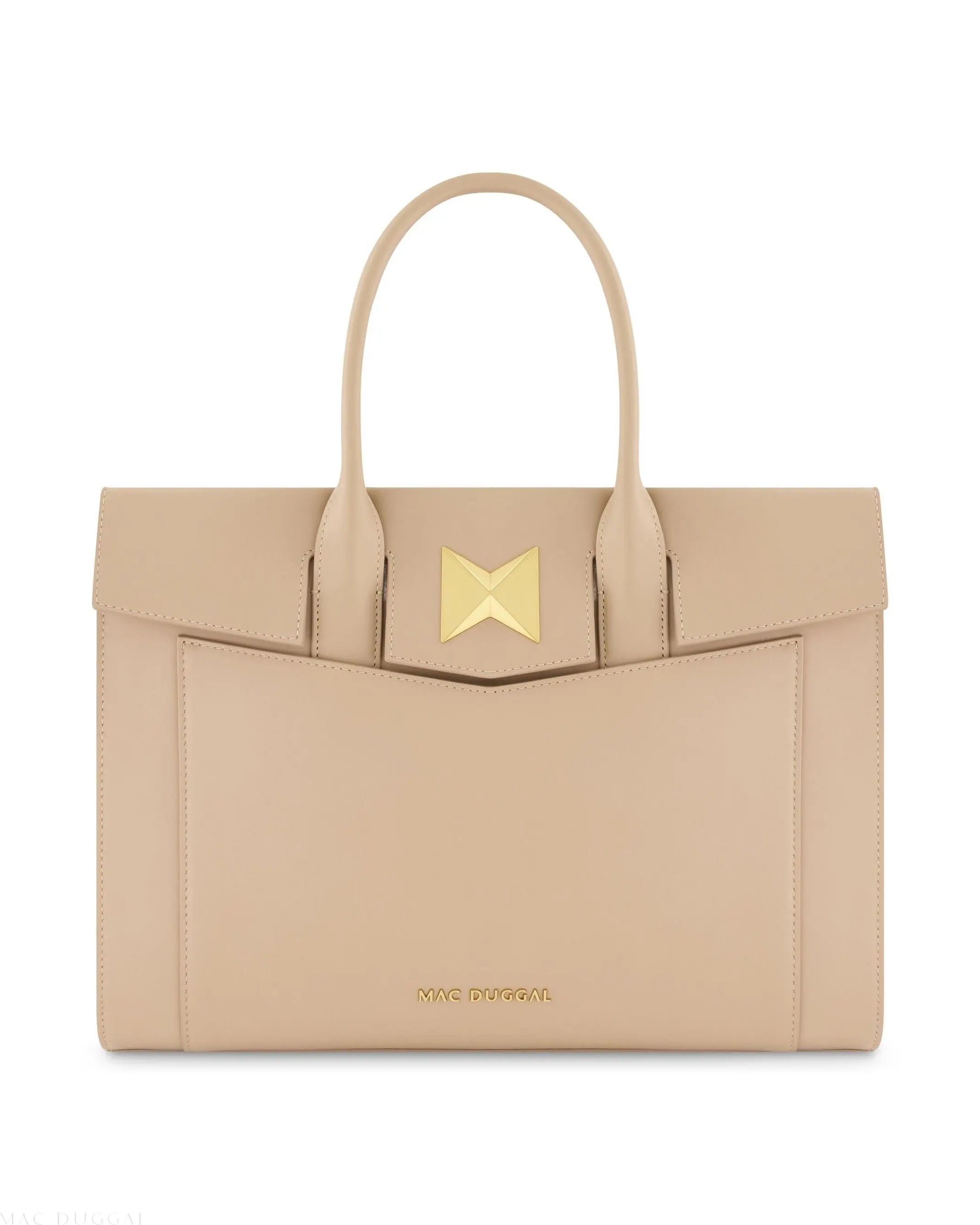 Beige Large Leather Briefcase Bag With Gold Hardware-Myartka