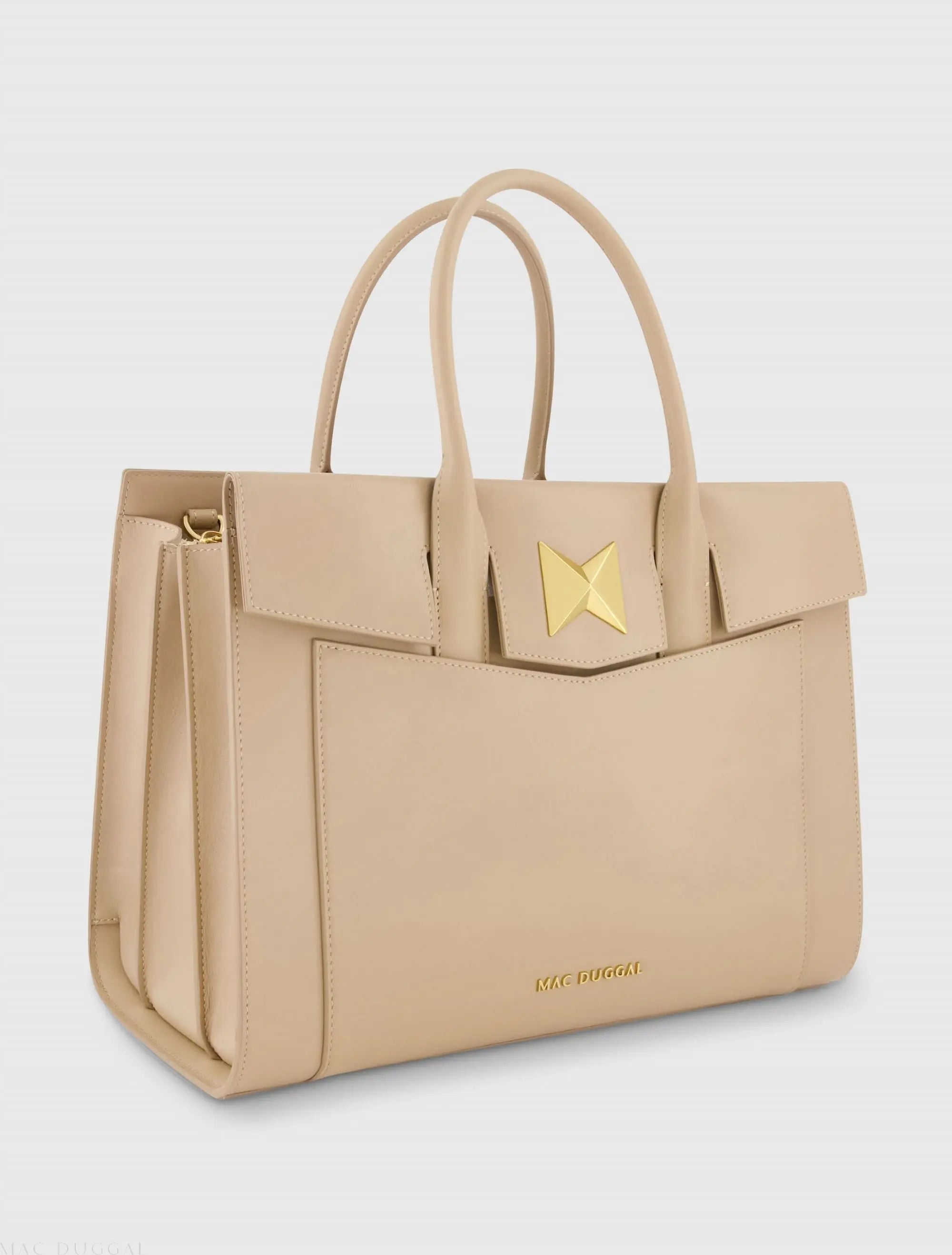 Beige Large Leather Briefcase Bag With Gold Hardware-Myartka