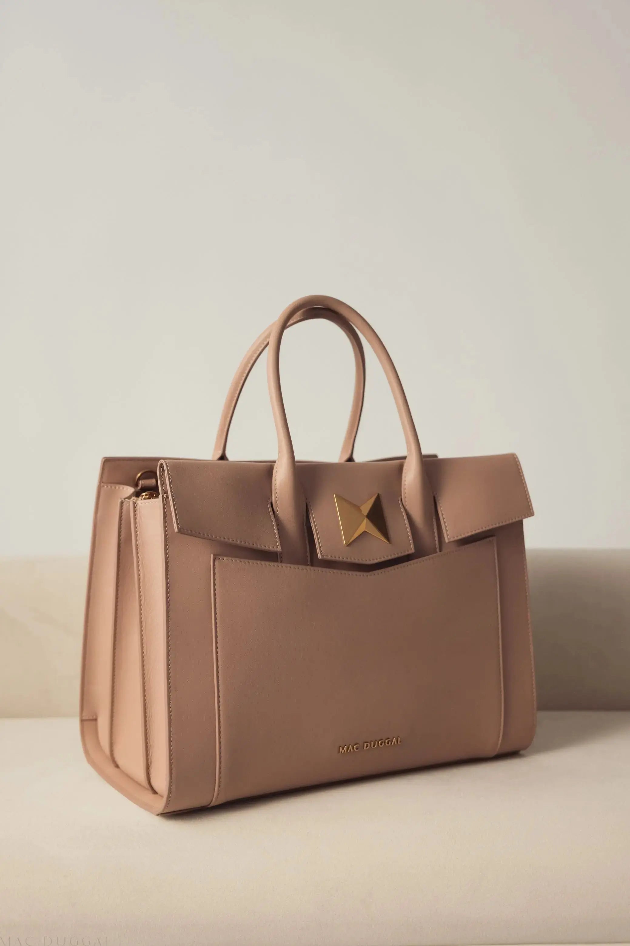 Beige Large Leather Briefcase Bag With Gold Hardware-Myartka