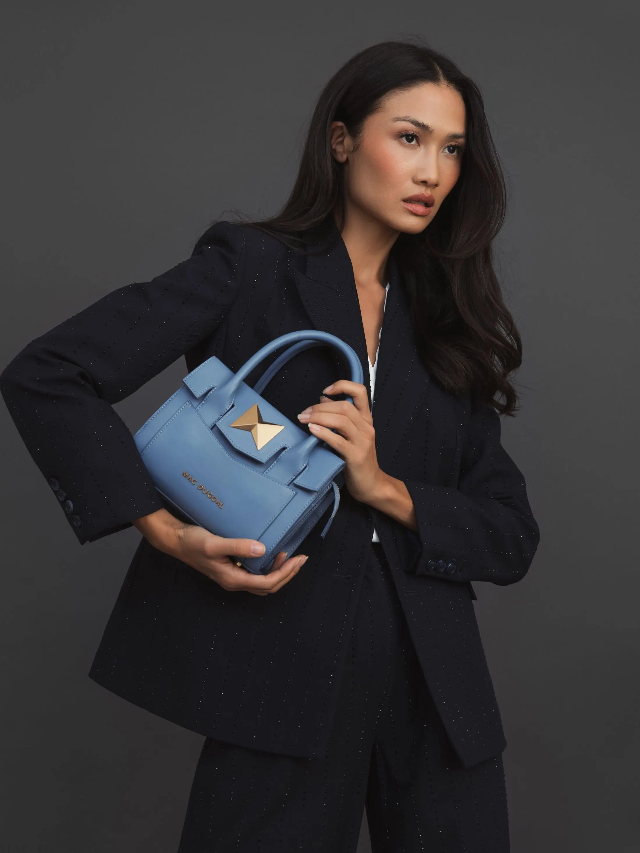 Blue Small Leather Tote Bag With Gold Hardware-Myartka