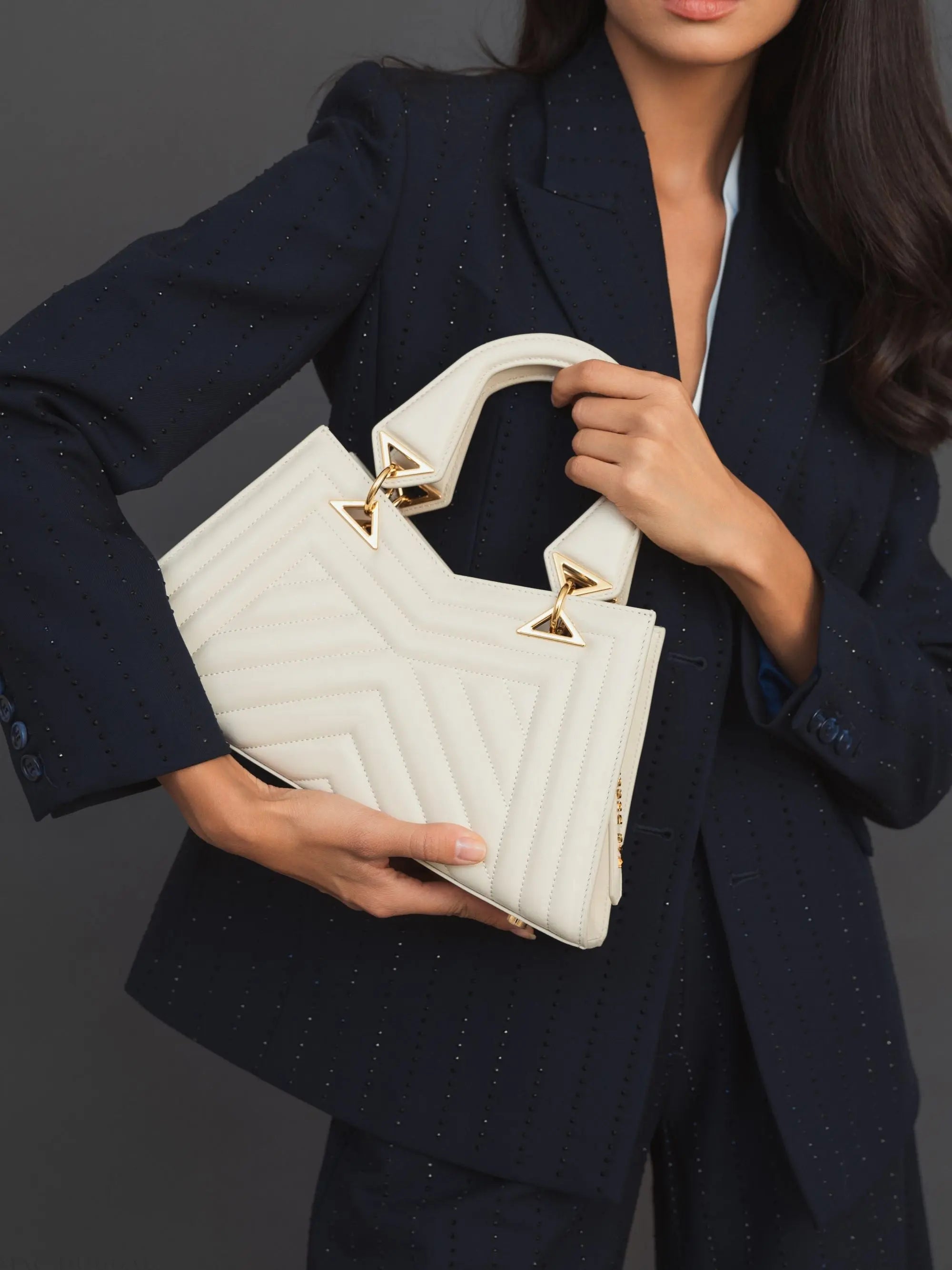 White Quilted Napa Leather Angular Handbag-Myartka