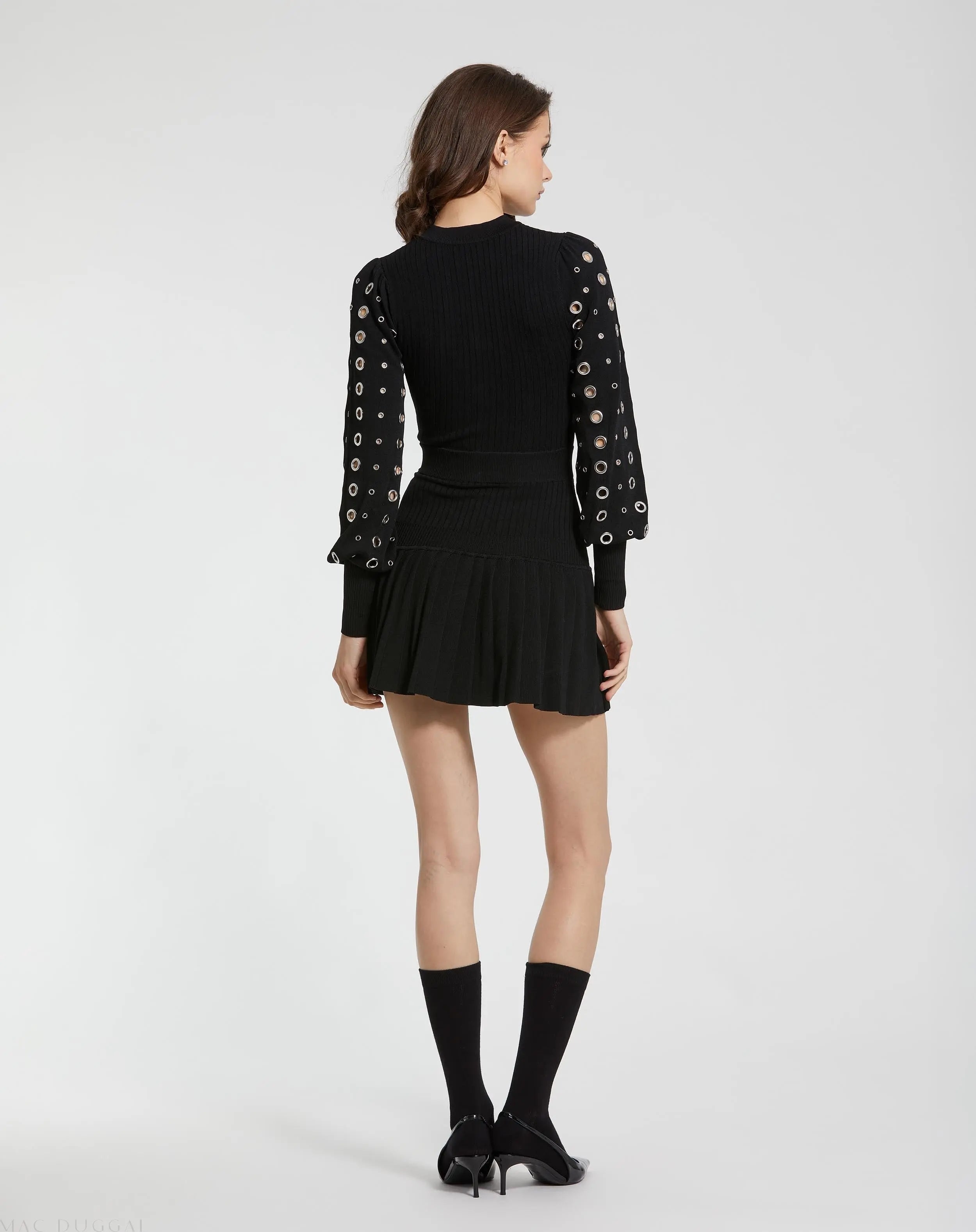 Black Knit Long Sleeve Grommet Mini Dress - FINAL SALE-Myartka