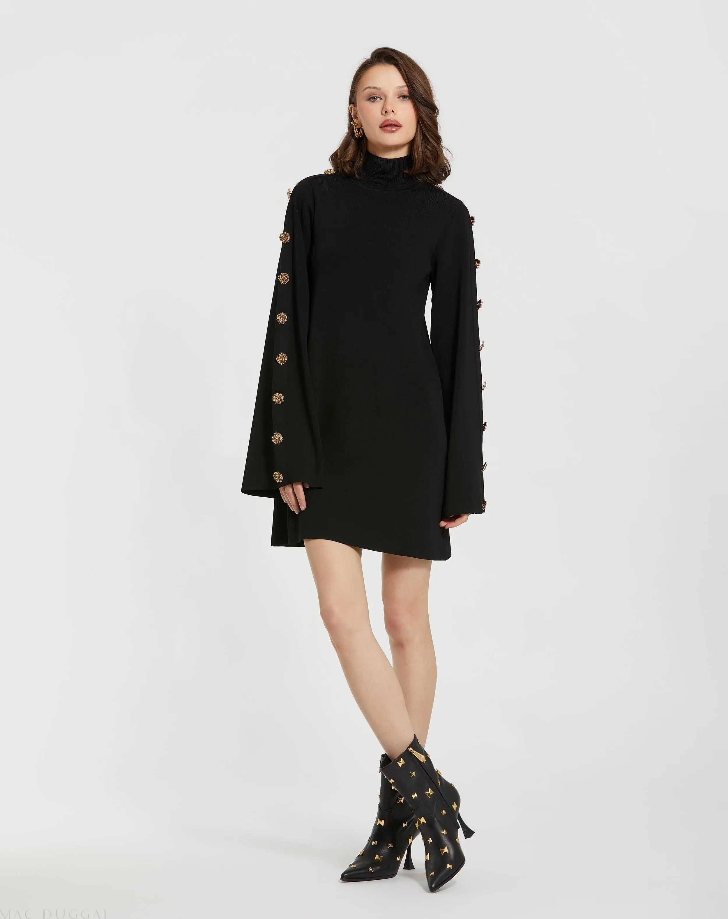 Black Long Sleeve Mini Knit Dress With Sleeve Detail-Myartka