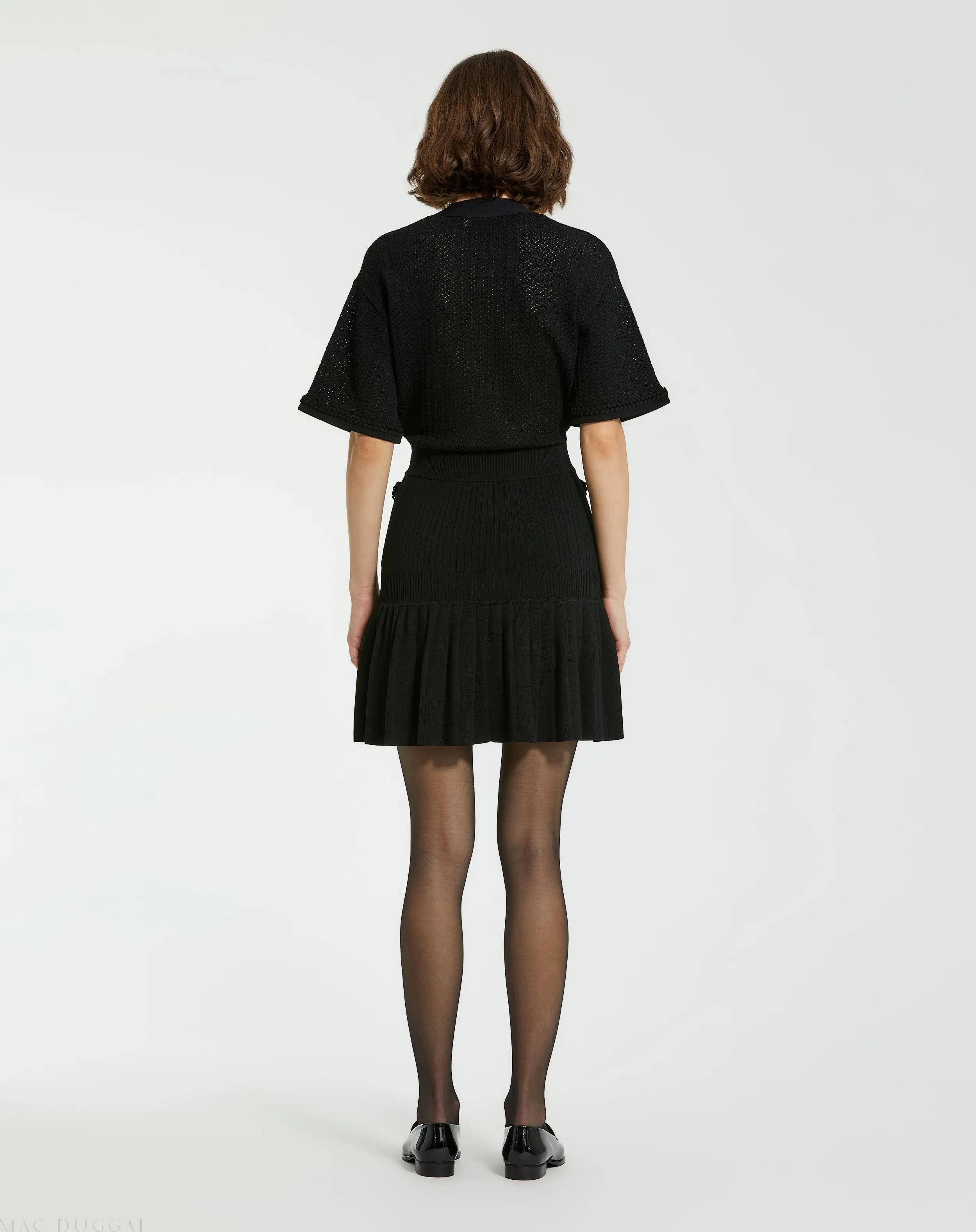 Black Short Sleeve Gold Button Front Crochet Knit Dress with Pleated Hem-Myartka