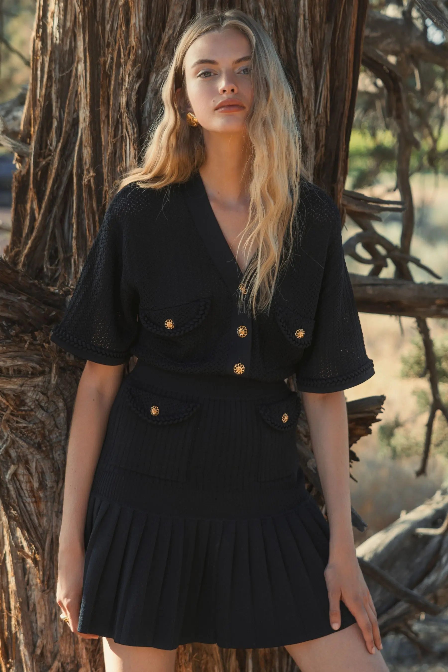 Black Short Sleeve Gold Button Front Crochet Knit Dress with Pleated Hem-Myartka