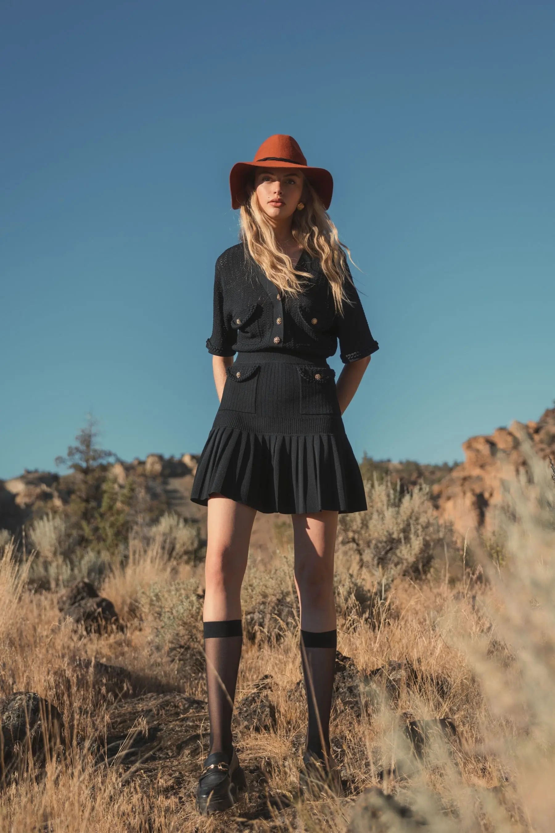 Black Short Sleeve Gold Button Front Crochet Knit Dress with Pleated Hem-Myartka