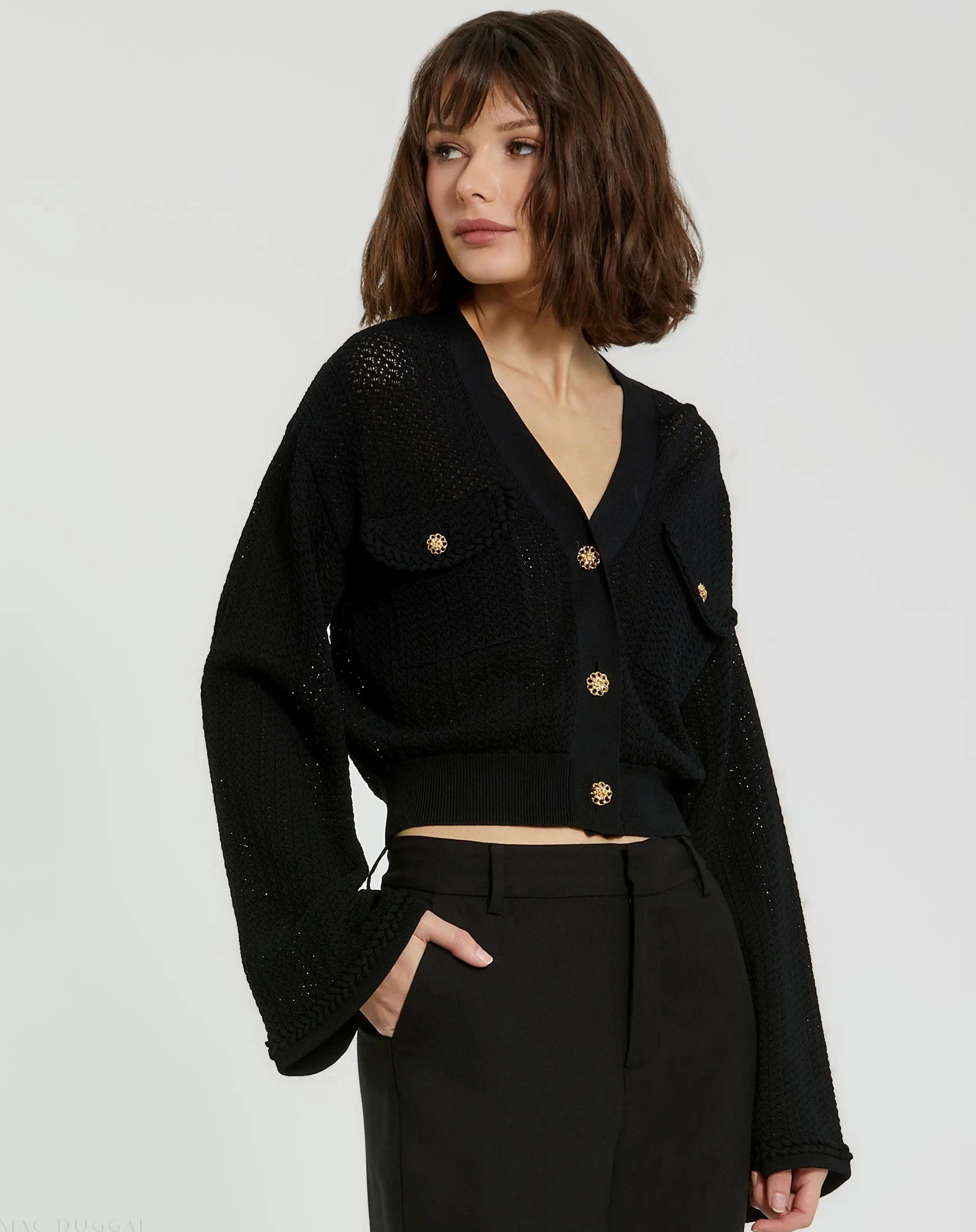 Black Crochet Knit Flare Long Sleeve Gold Button Cropped Cardigan-Myartka