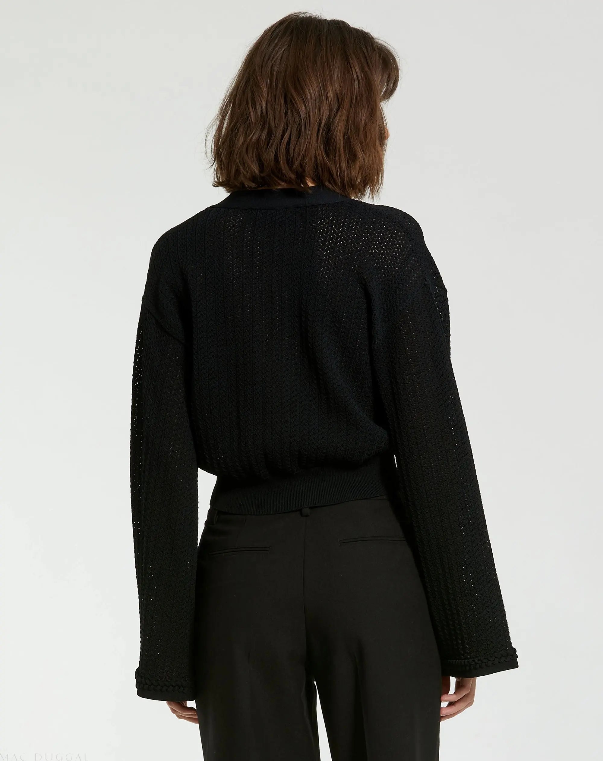 Black Crochet Knit Flare Long Sleeve Gold Button Cropped Cardigan-Myartka