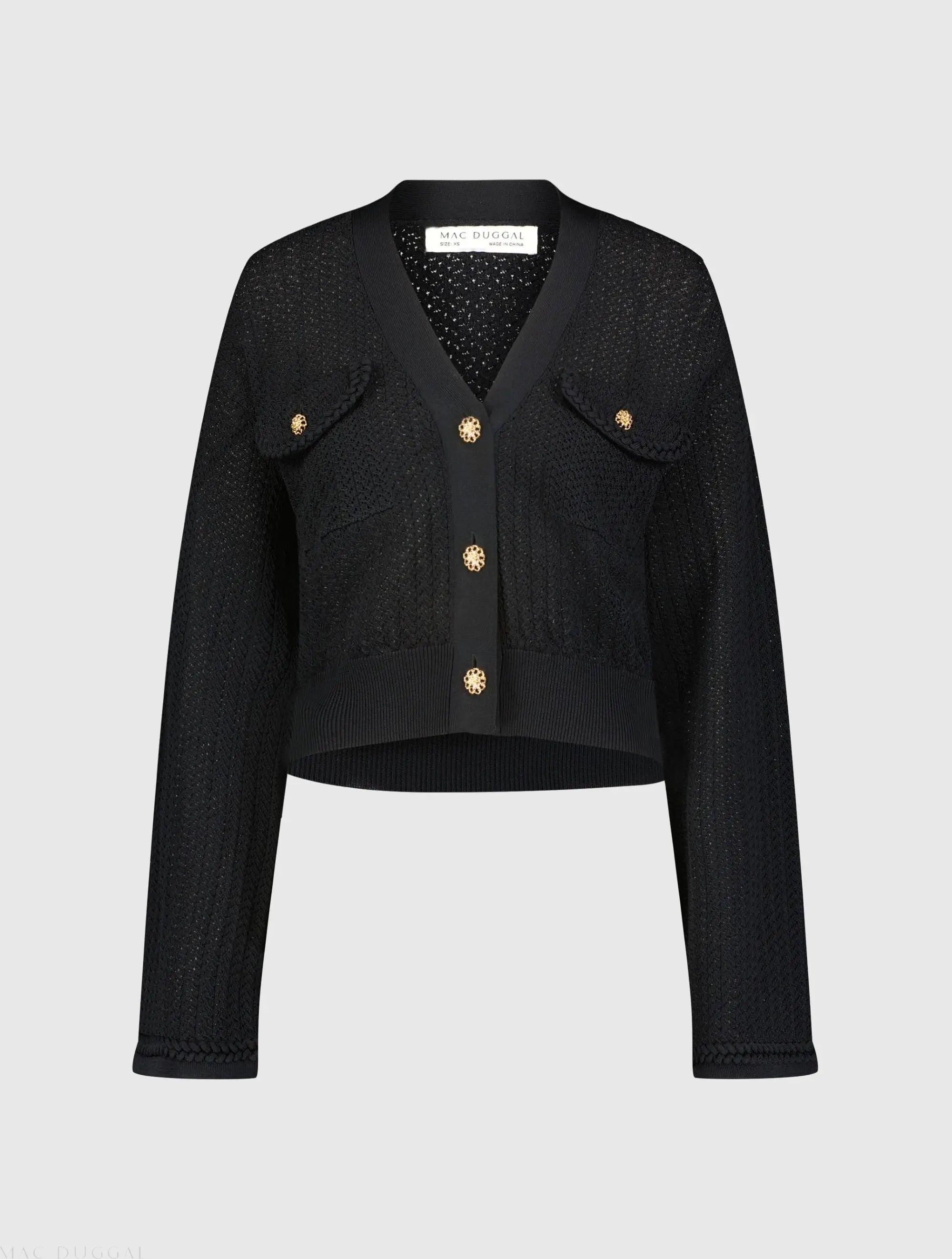 Black Crochet Knit Flare Long Sleeve Gold Button Cropped Cardigan-Myartka