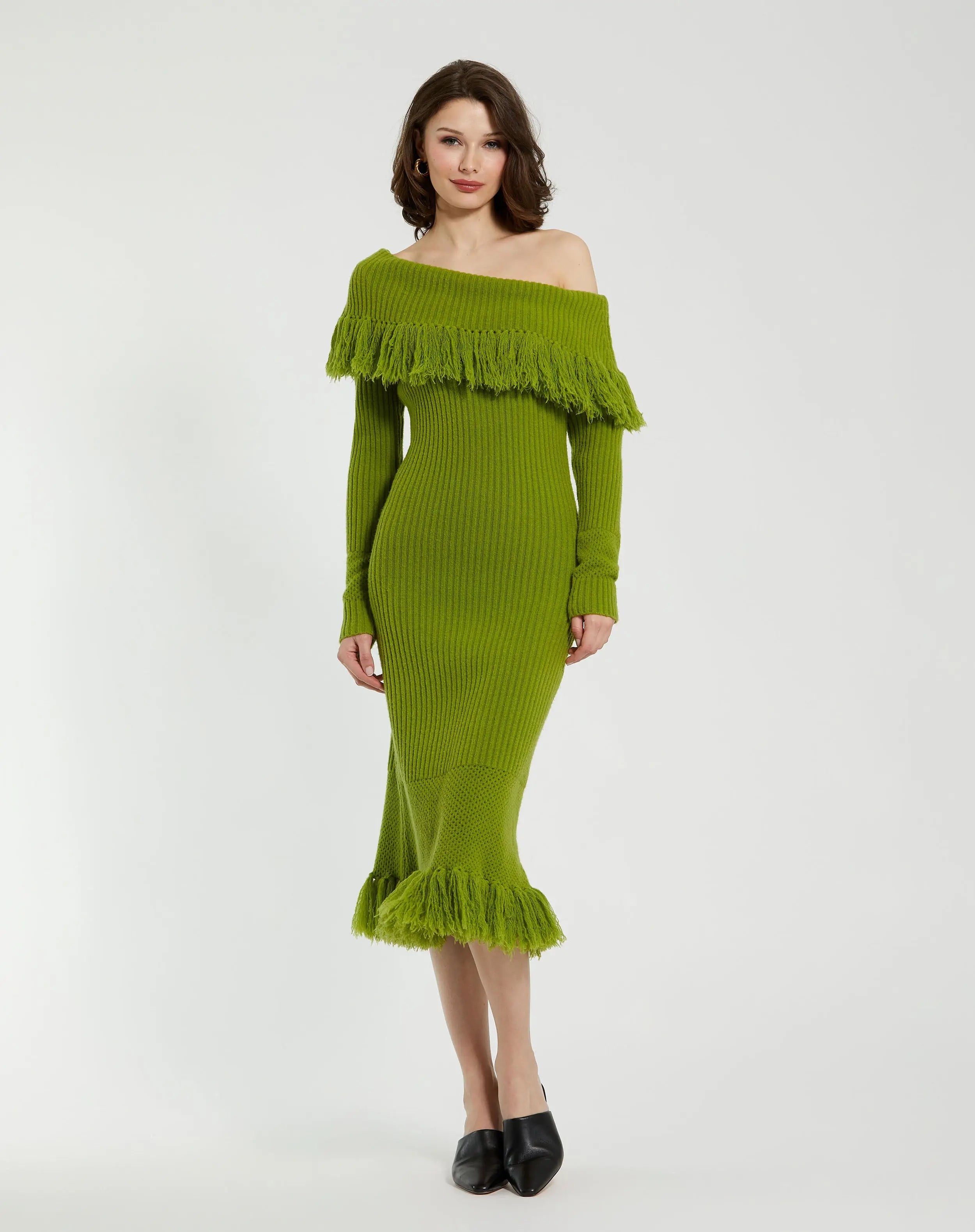 Green Off The Shoulder Fringe Long Sleeve Knit Dress - FINAL SALE-Myartka