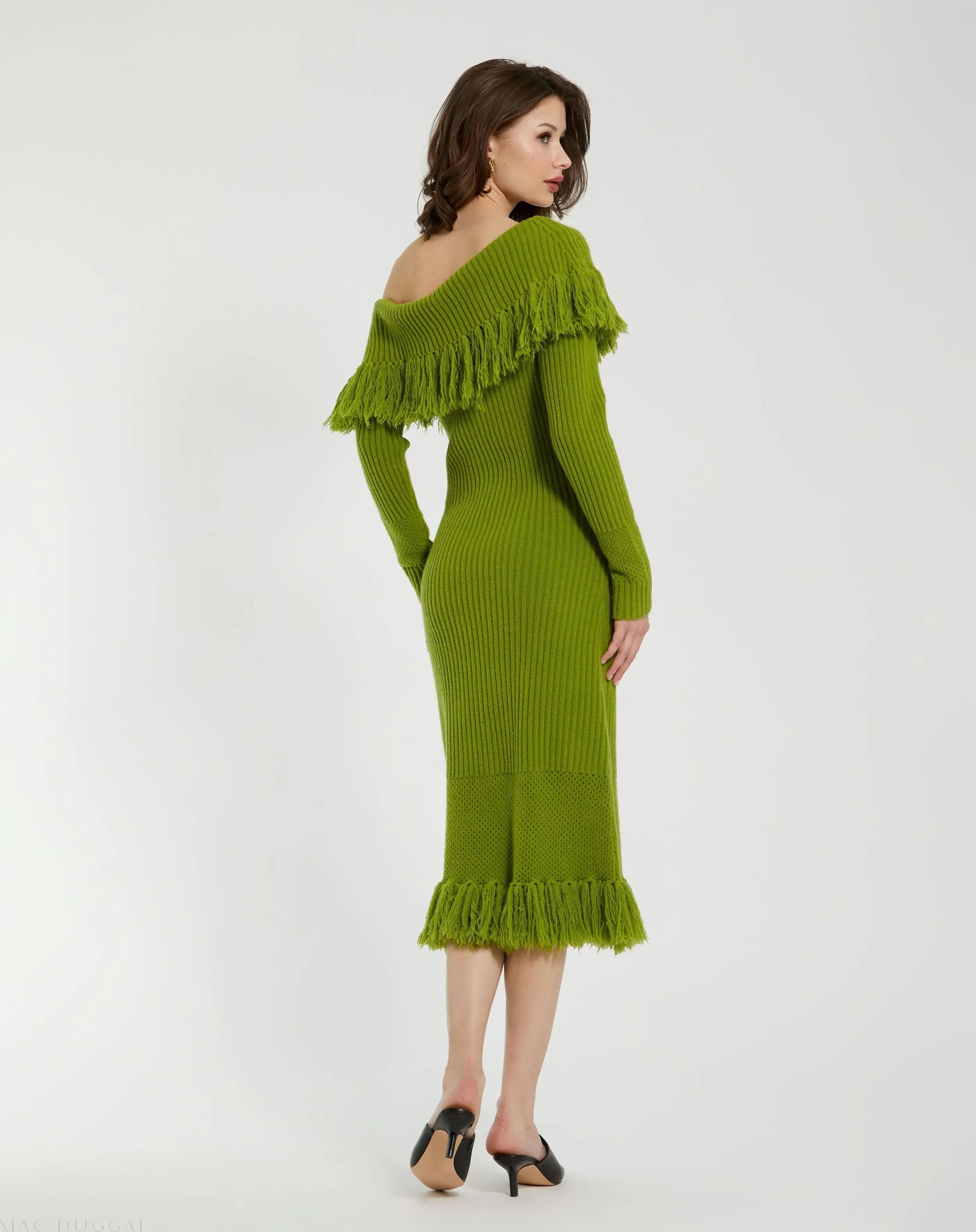 Green Off The Shoulder Fringe Long Sleeve Knit Dress - FINAL SALE-Myartka