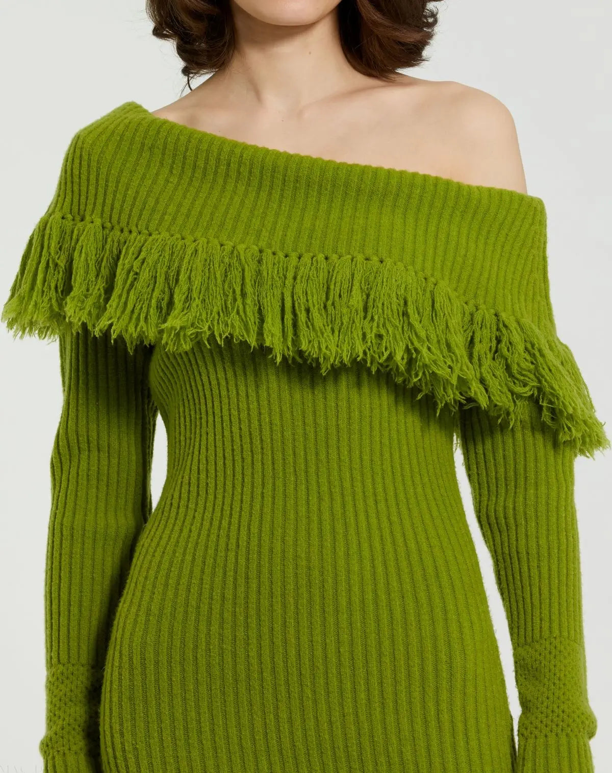 Green Off The Shoulder Fringe Long Sleeve Knit Dress - FINAL SALE-Myartka