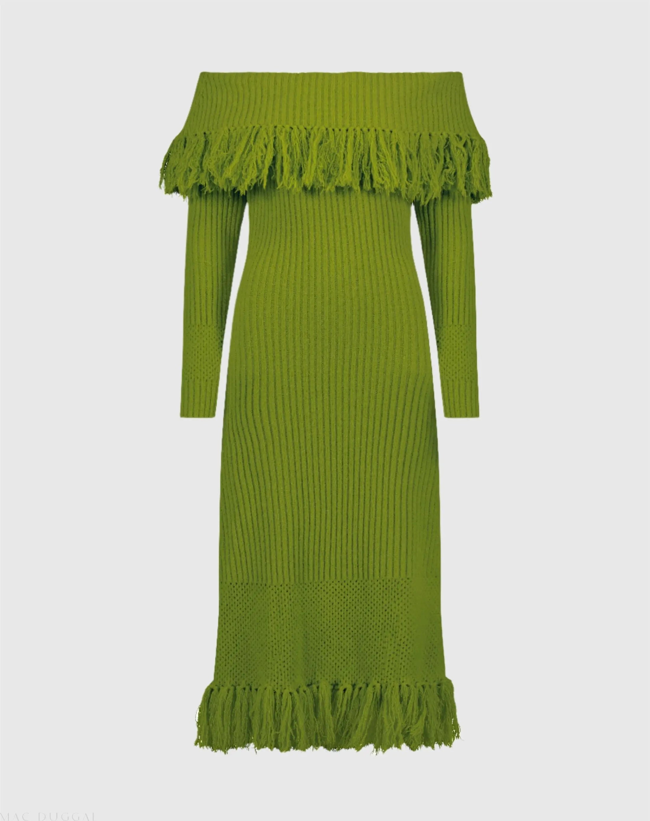 Green Off The Shoulder Fringe Long Sleeve Knit Dress - FINAL SALE-Myartka