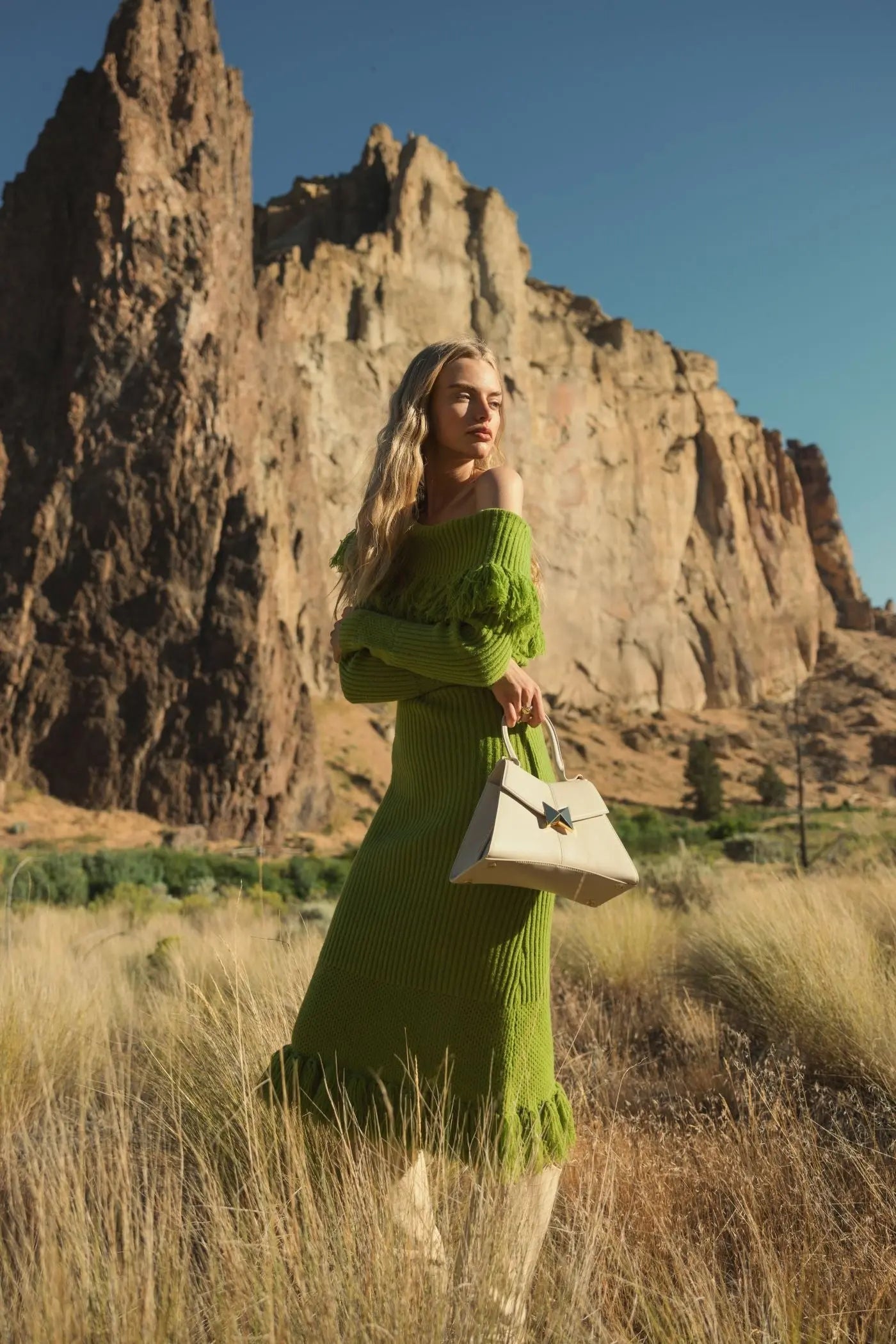 Green Off The Shoulder Fringe Long Sleeve Knit Dress - FINAL SALE-Myartka