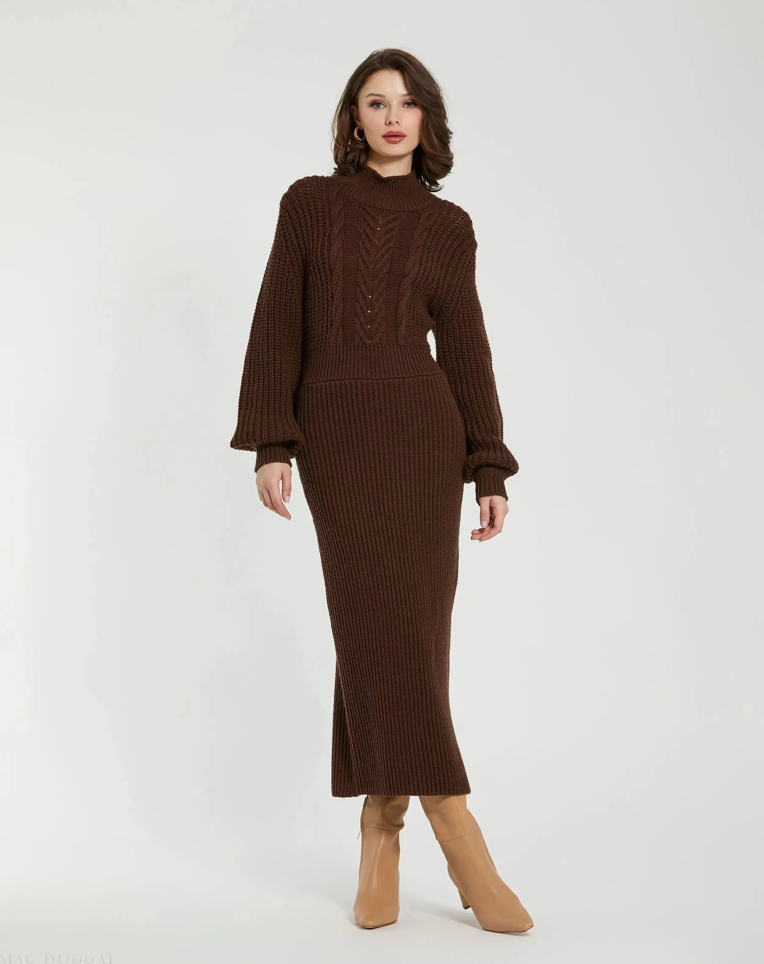 Brown Long Sleeve Turtle Neck Knit Midi Dress-Myartka