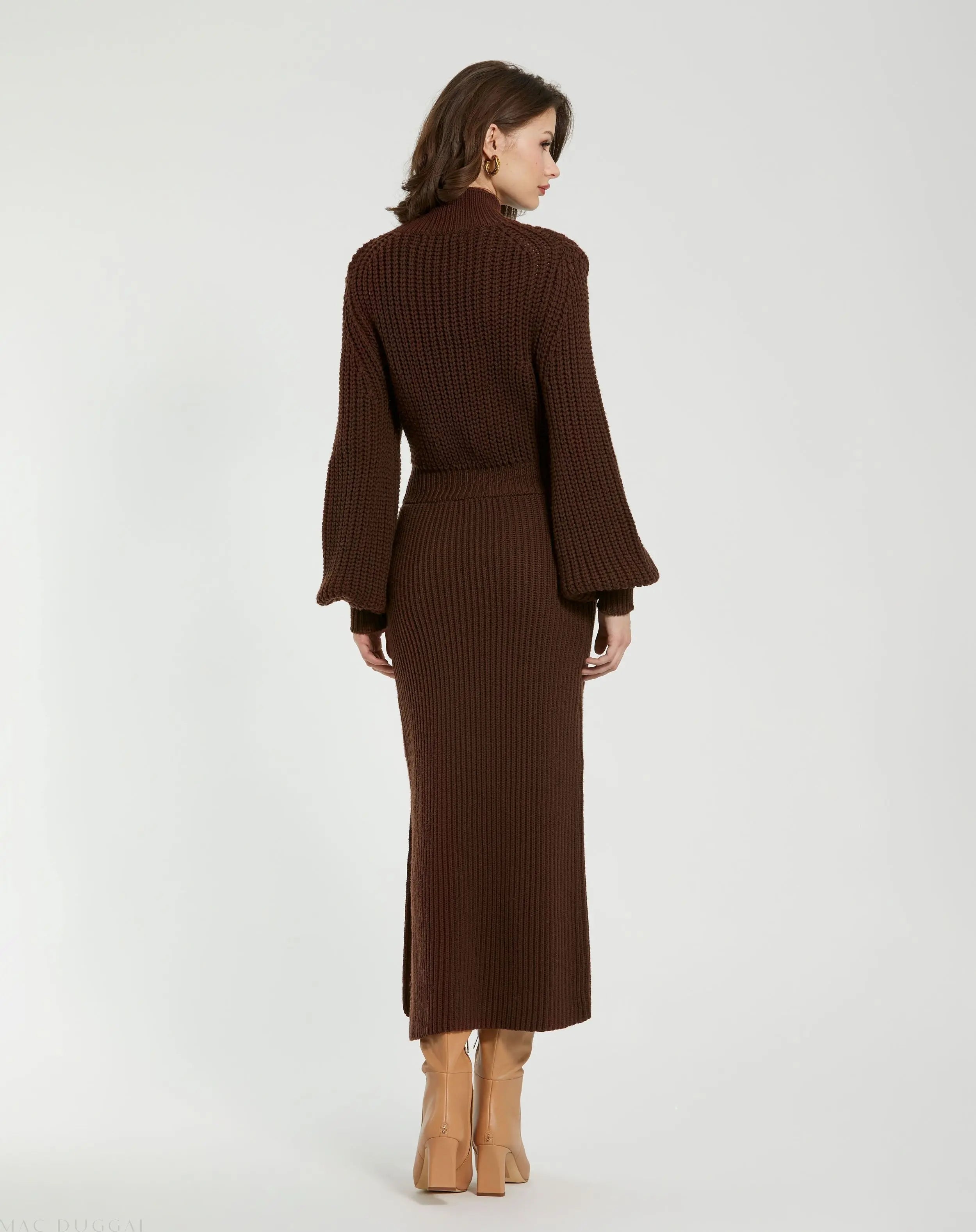 Brown Long Sleeve Turtle Neck Knit Midi Dress-Myartka