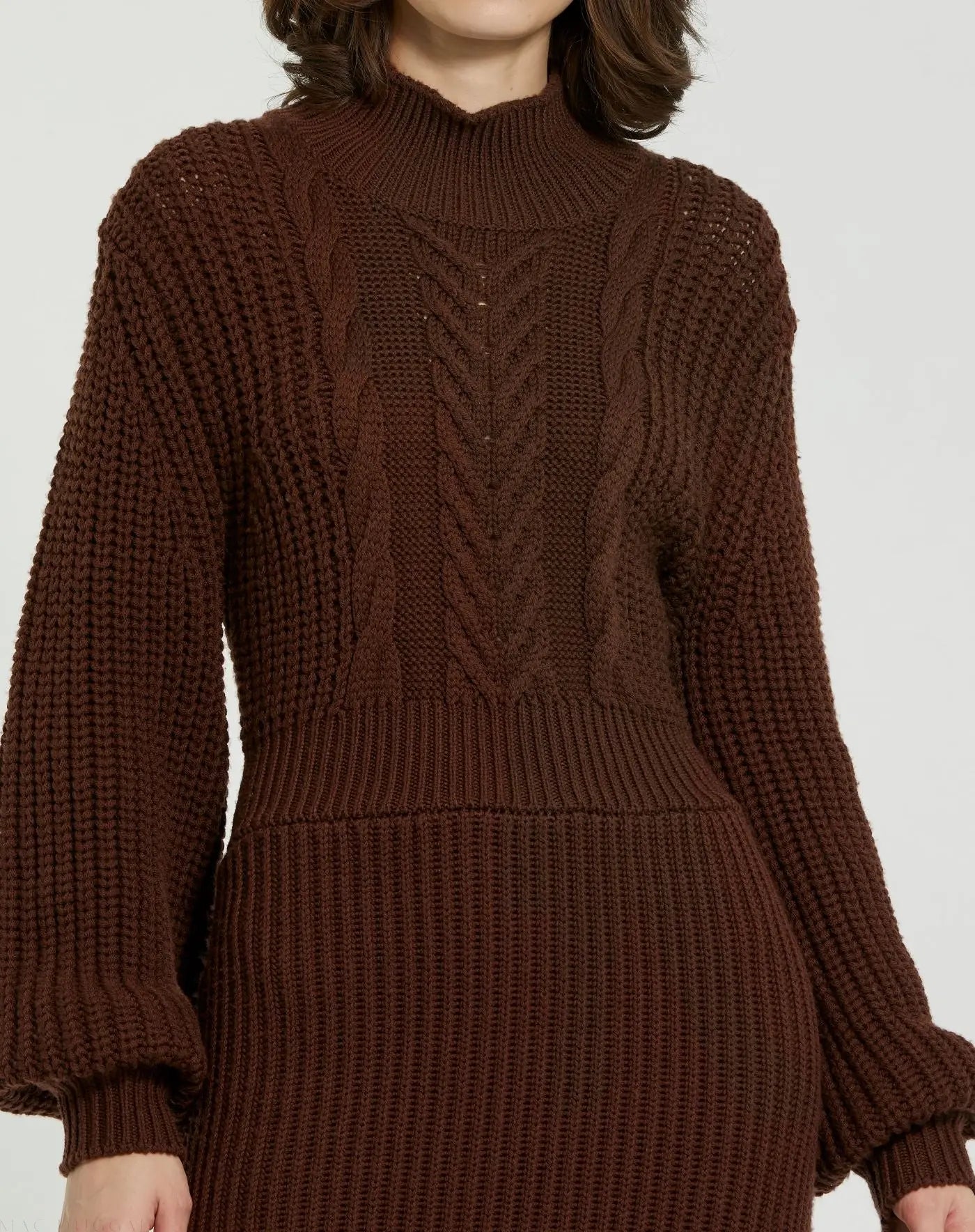 Brown Long Sleeve Turtle Neck Knit Midi Dress-Myartka