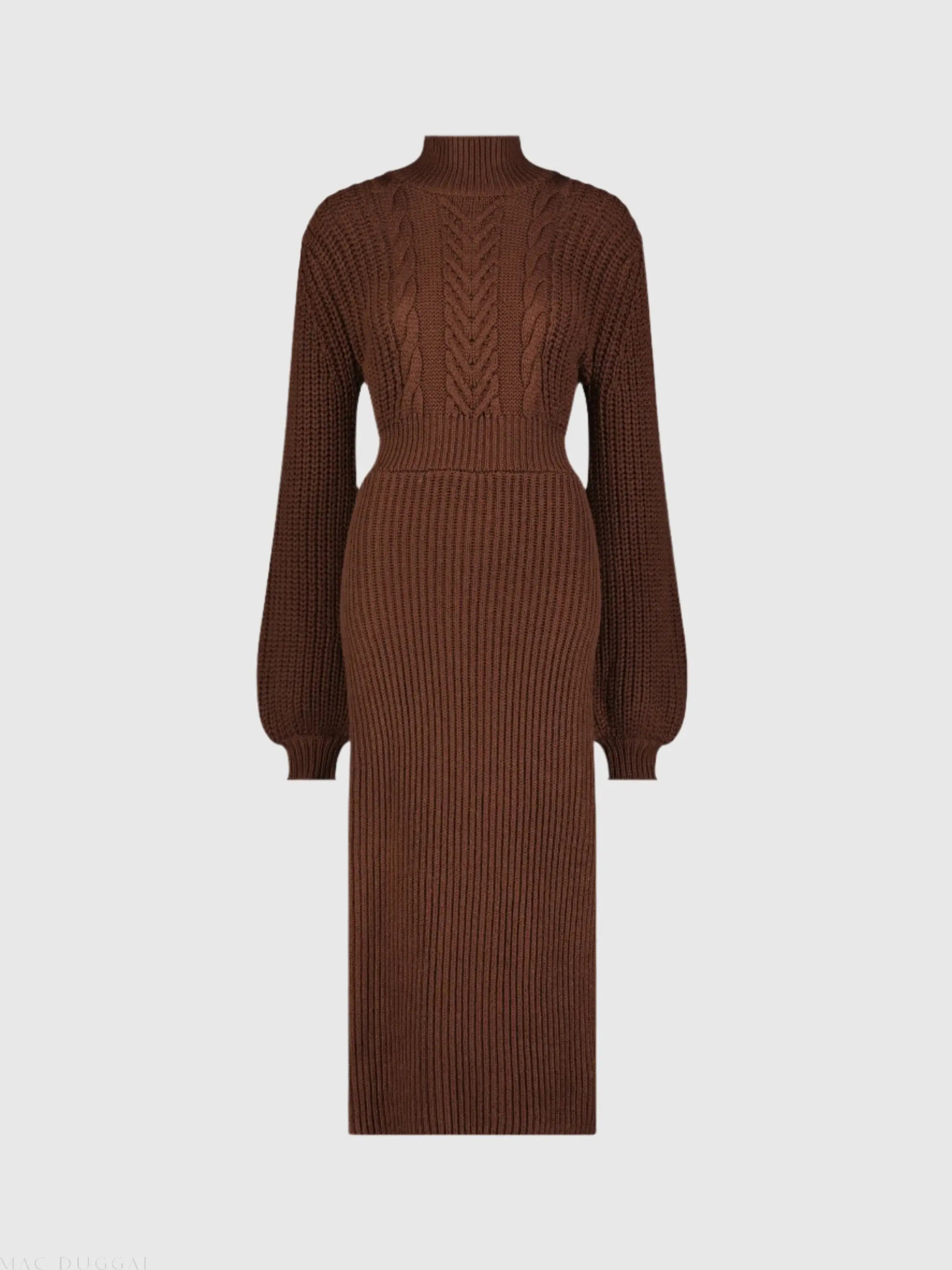 Brown Long Sleeve Turtle Neck Knit Midi Dress-Myartka