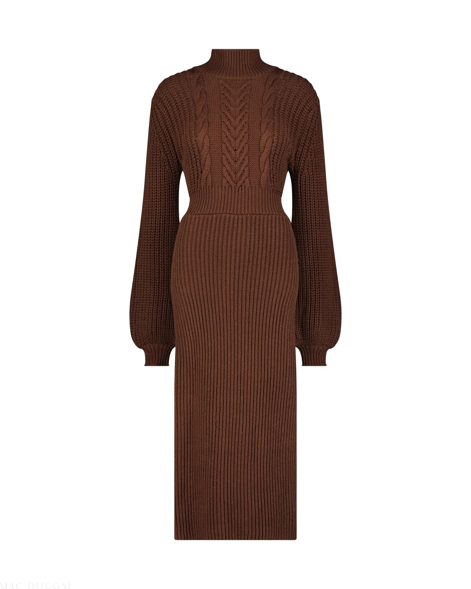Brown Long Sleeve Turtle Neck Knit Midi Dress-Myartka