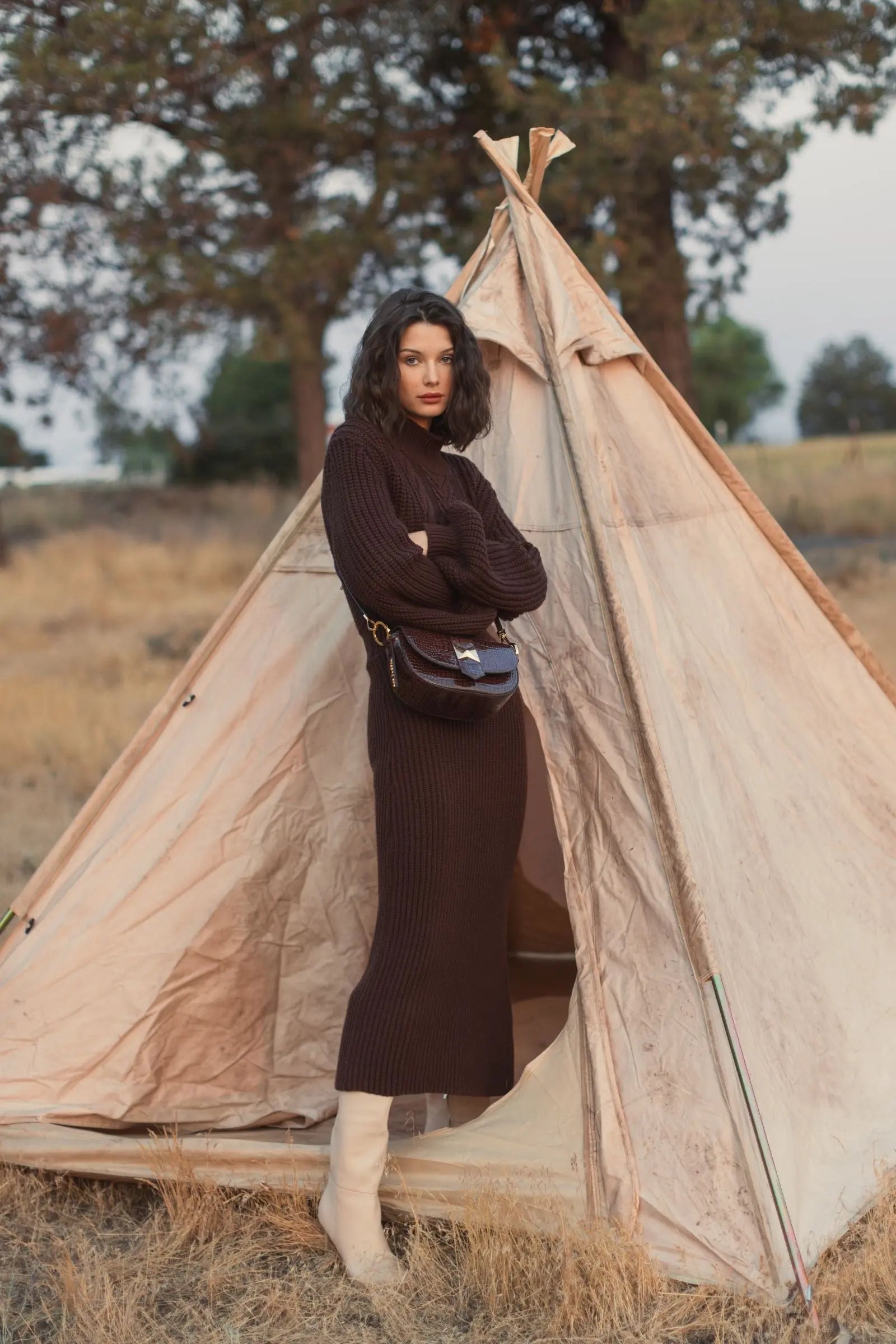 Brown Long Sleeve Turtle Neck Knit Midi Dress-Myartka