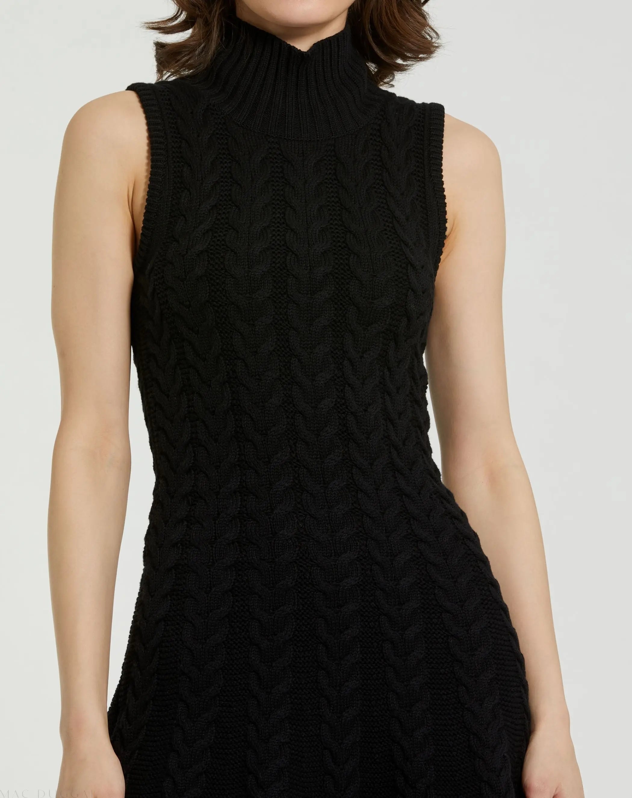 Black Cable Knit Turtle Neck Sleeveless Mini Sweater Knit Dress-Myartka