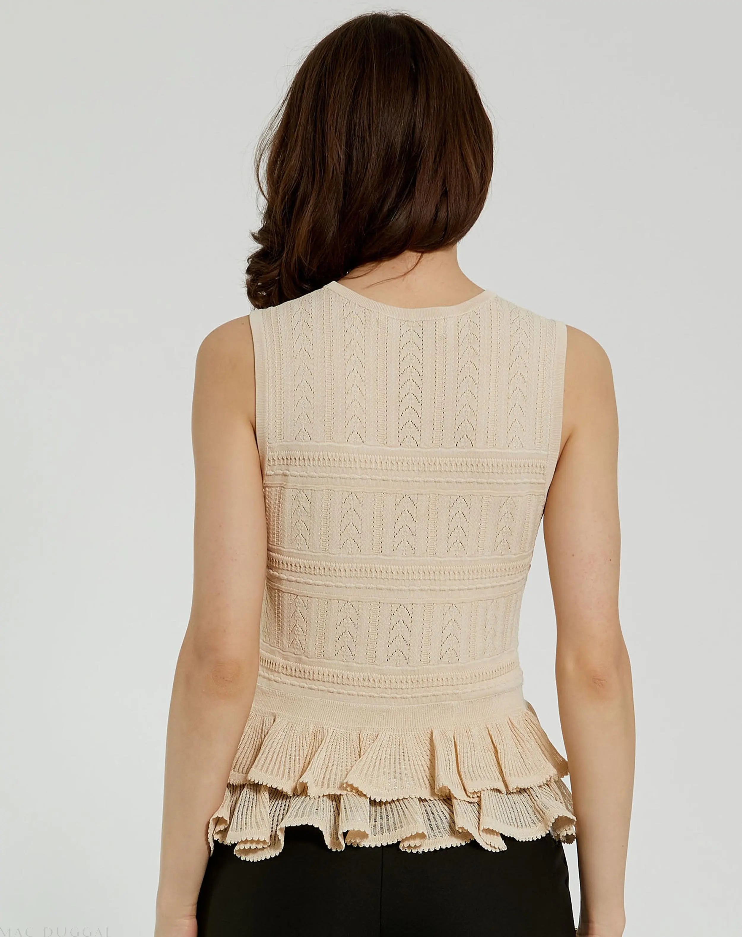 Beige Sleeveless High Neck Knit Top With Ruffle Hem-Myartka