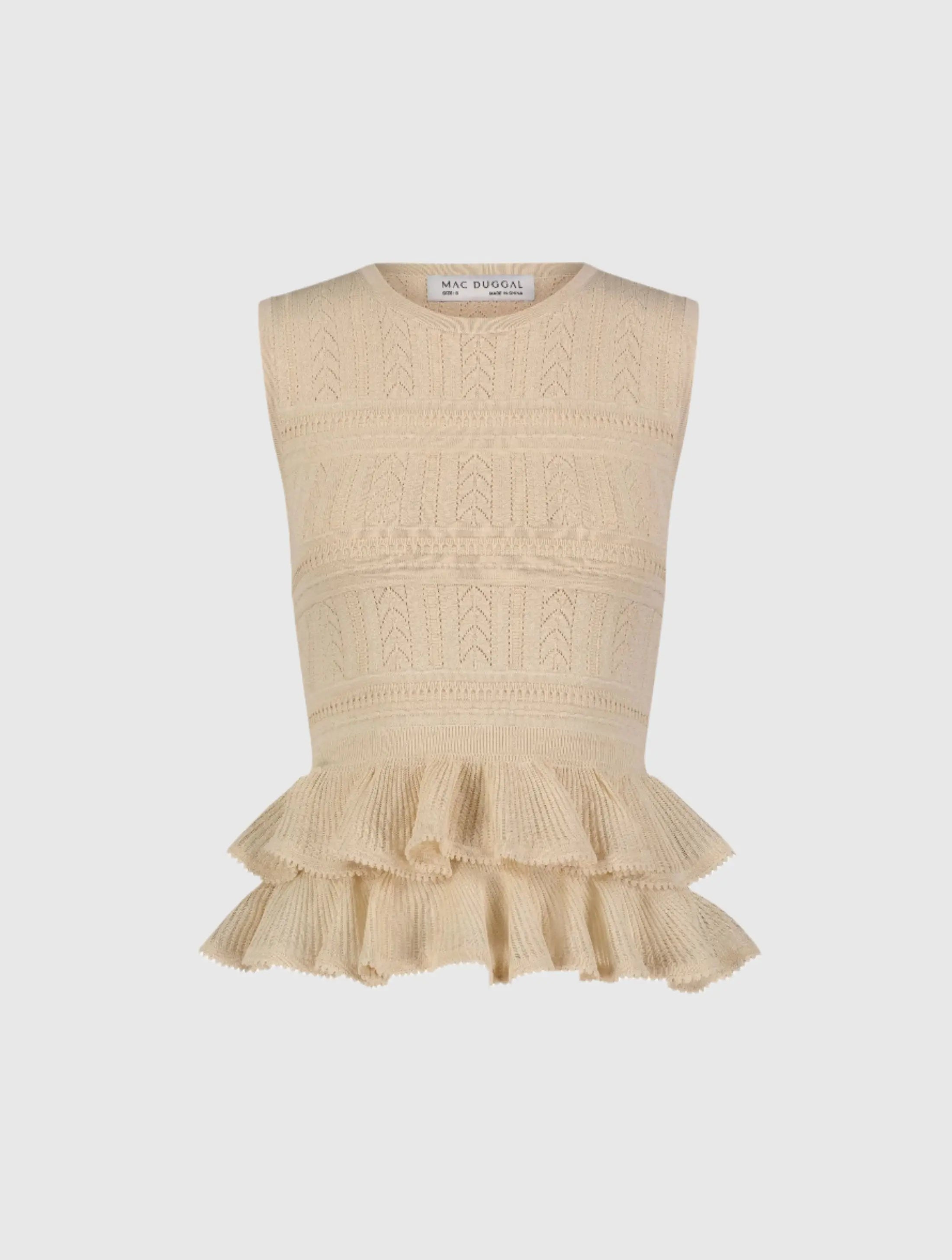 Beige Sleeveless High Neck Knit Top With Ruffle Hem-Myartka