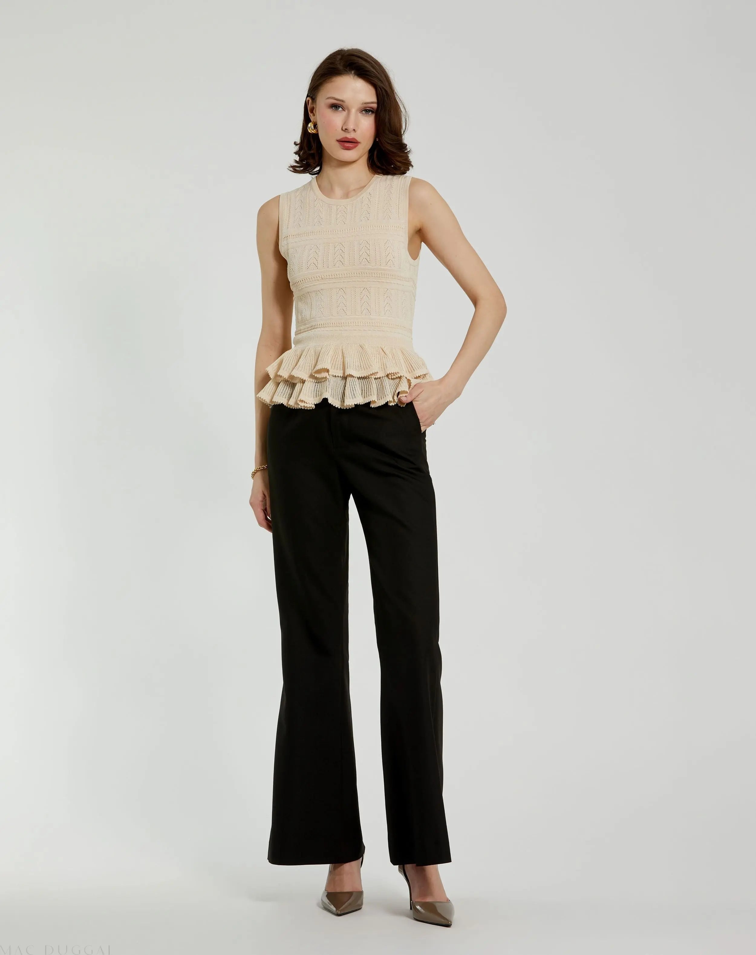 Beige Sleeveless High Neck Knit Top With Ruffle Hem-Myartka