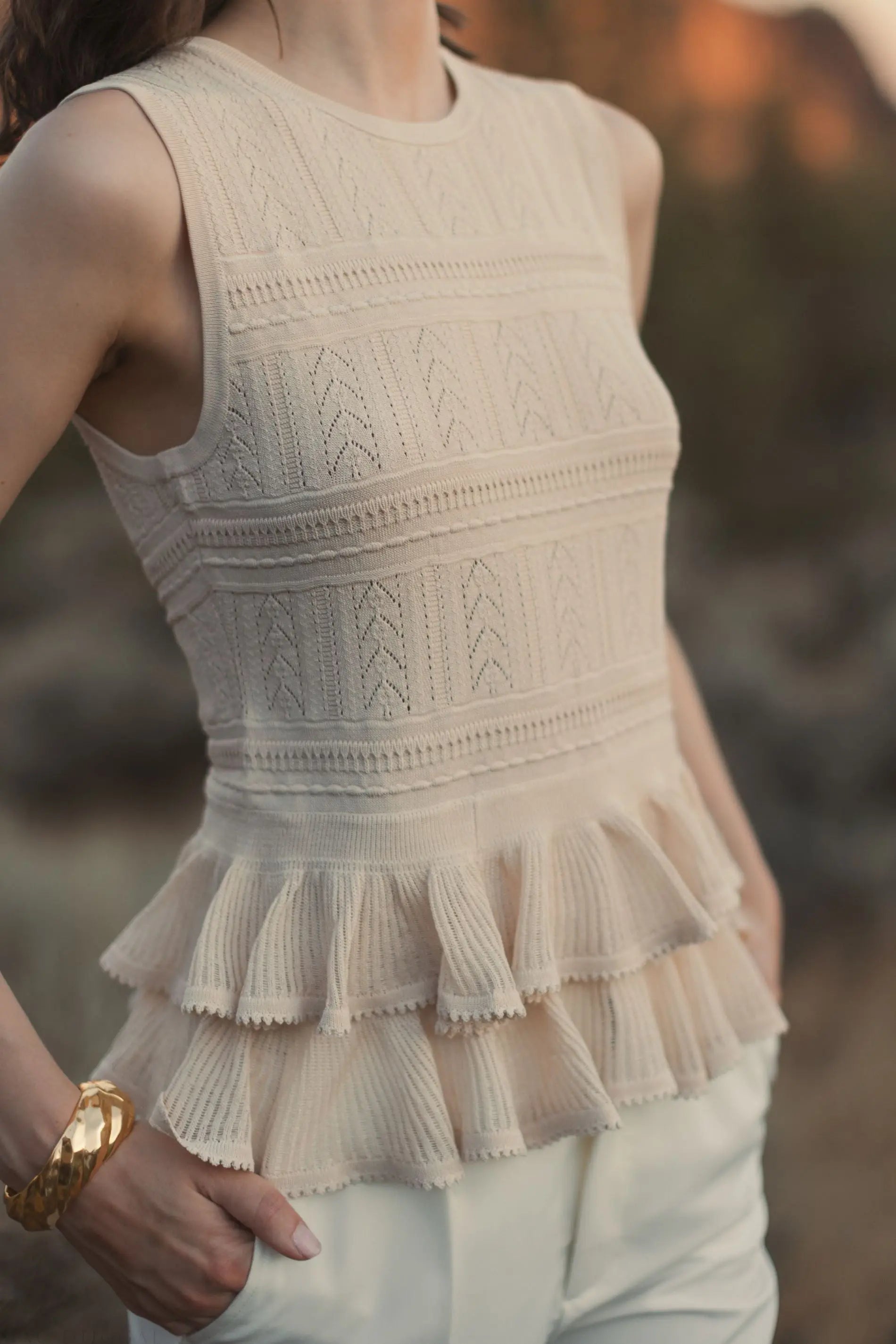 Beige Sleeveless High Neck Knit Top With Ruffle Hem-Myartka